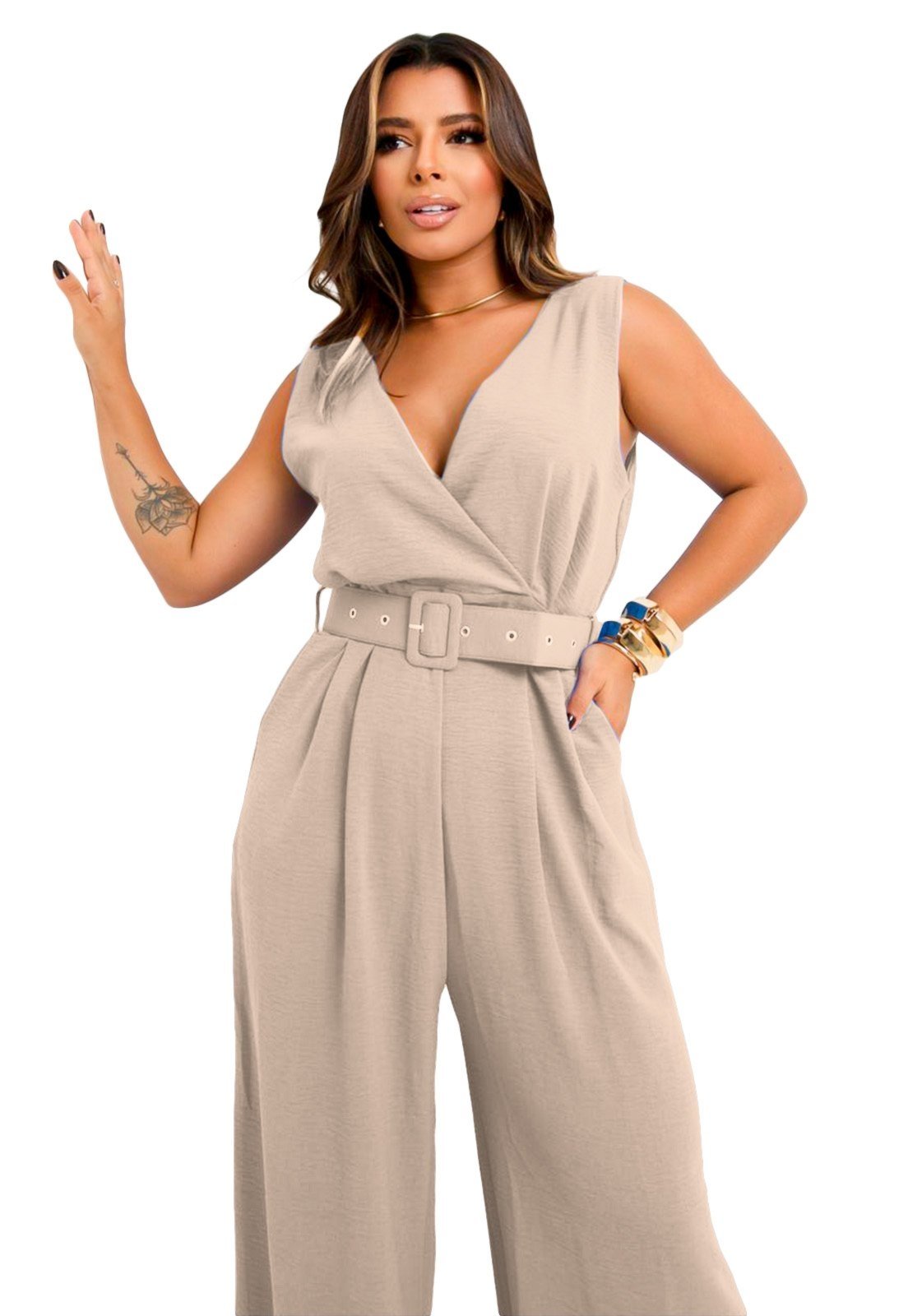 Macacão Longo YWC ind Duna Social Calça Pantalona Com Cinto e Bolso Lateral Nude