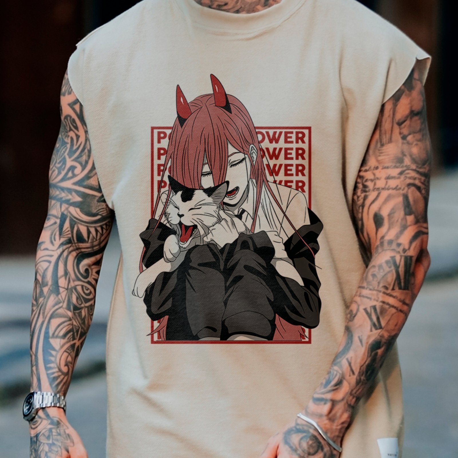 Camiseta Regata Machão Power Com Gato Anime Chainsaw Man Off White