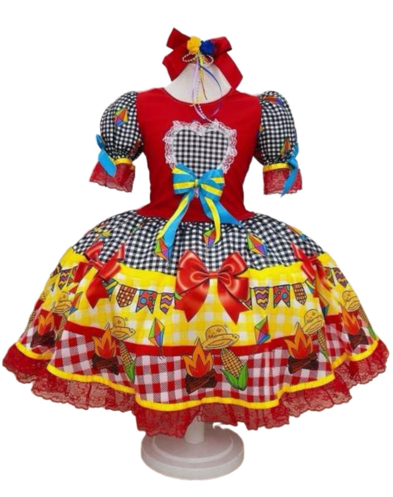 Infantil - Vestido Xadrez Junino Vermelho Preto Coração Fogueira Laço Festa Junina Caipira Quadrilha