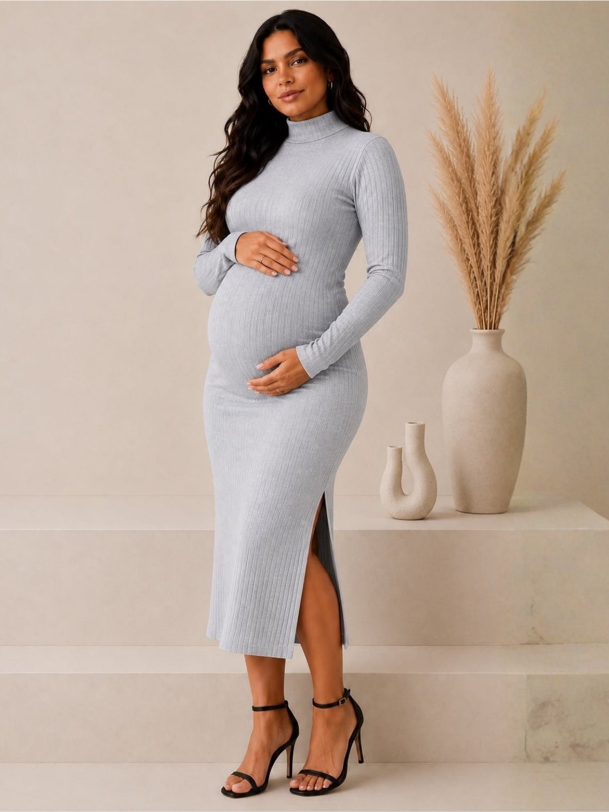 Vestido Casual Materno Gestante Gravidez de Manga Longa Cinza Ribana de Algodão Alta Elasticidade Confortavel com Gola Alta Cacharrel e Fenda Lateral Manga Longa