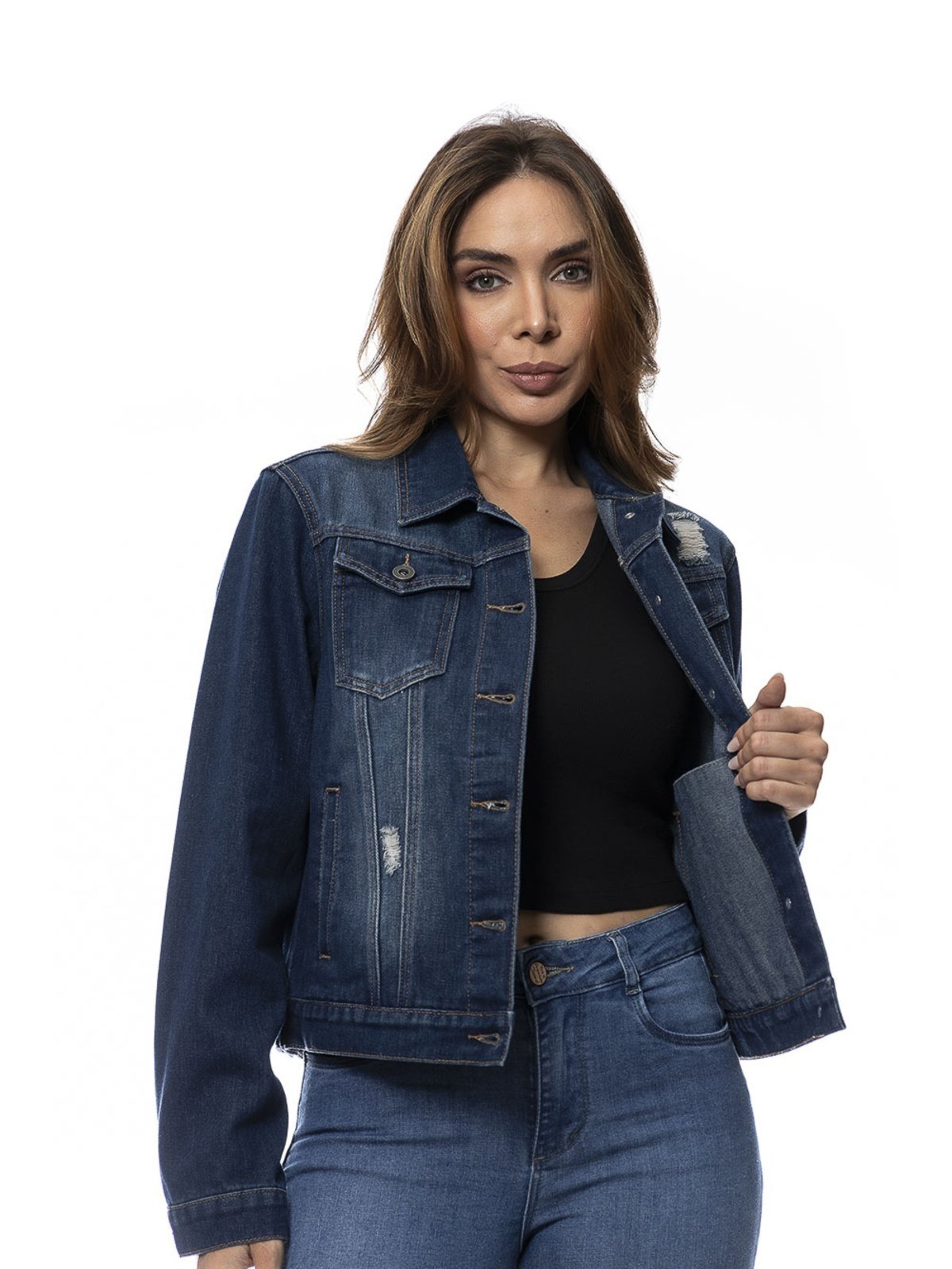 Jaqueta Feminina Jeans Com Recortes e Bolsos Crocker – 50298