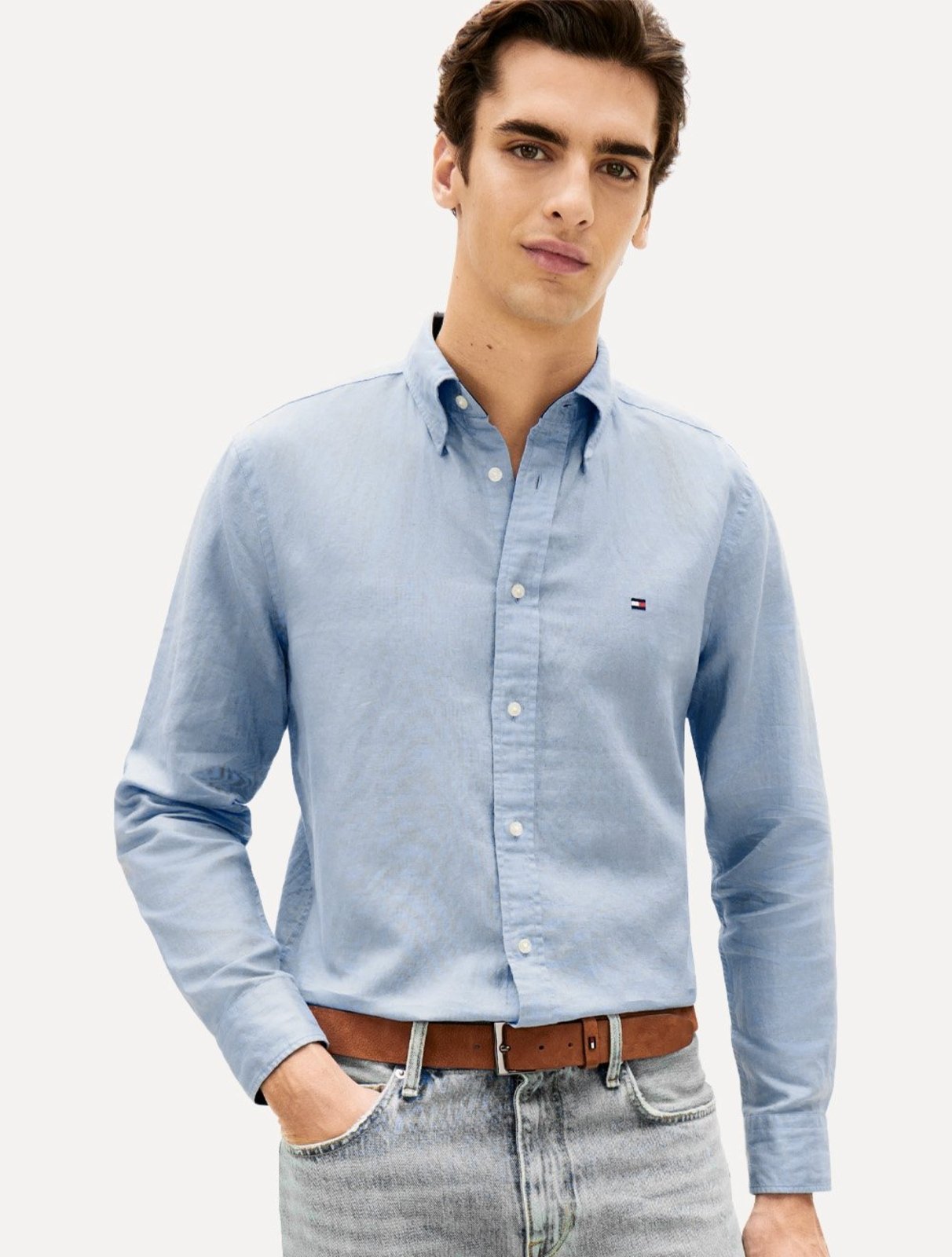 Camisa Tommy Hilfiger Masculina Regular Poplin Semi Spread Azul Médio