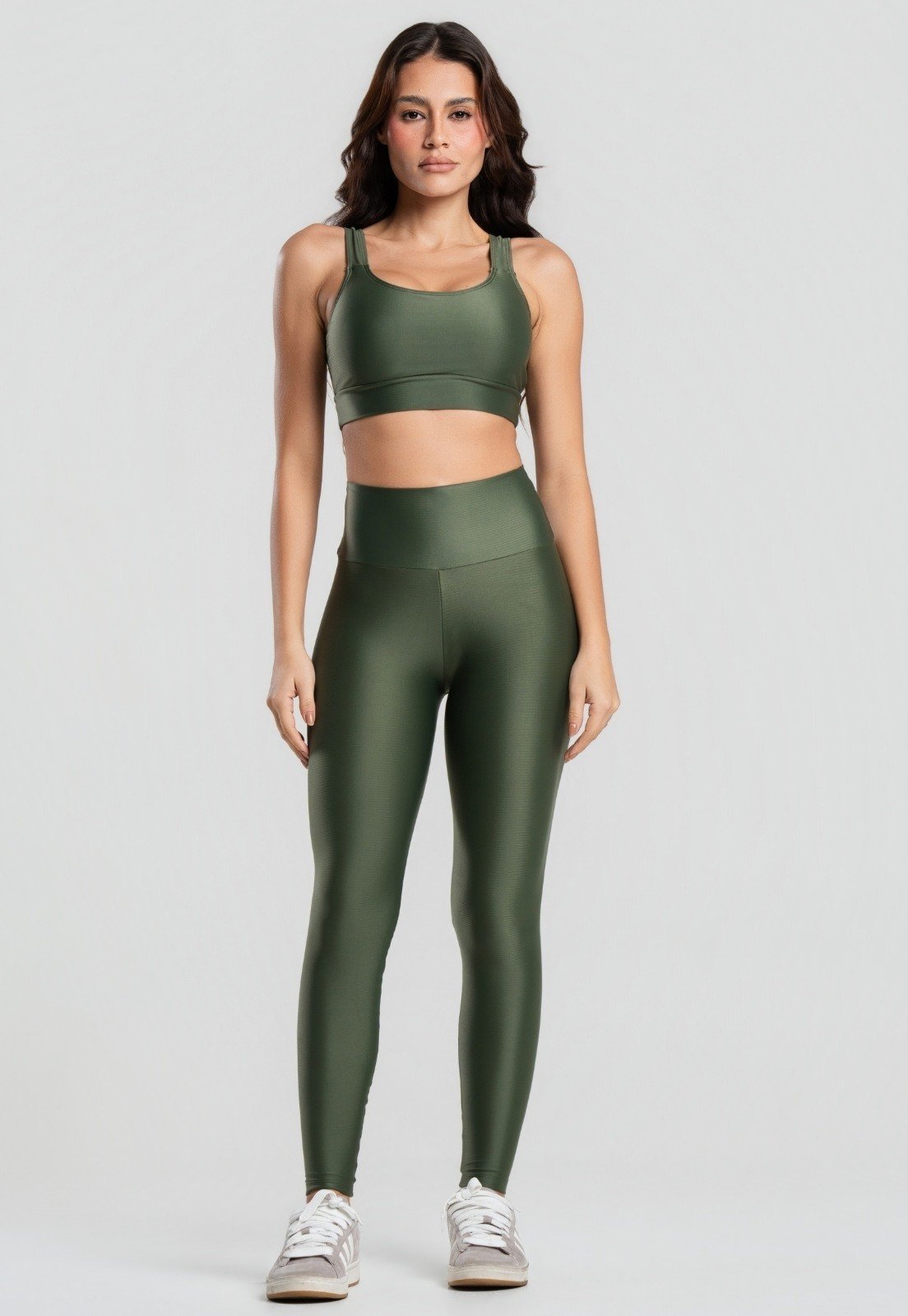 Conjunto Fitness Top Bojo Removível e Calça Legging Cintura Alta Brilho Bella Fiore