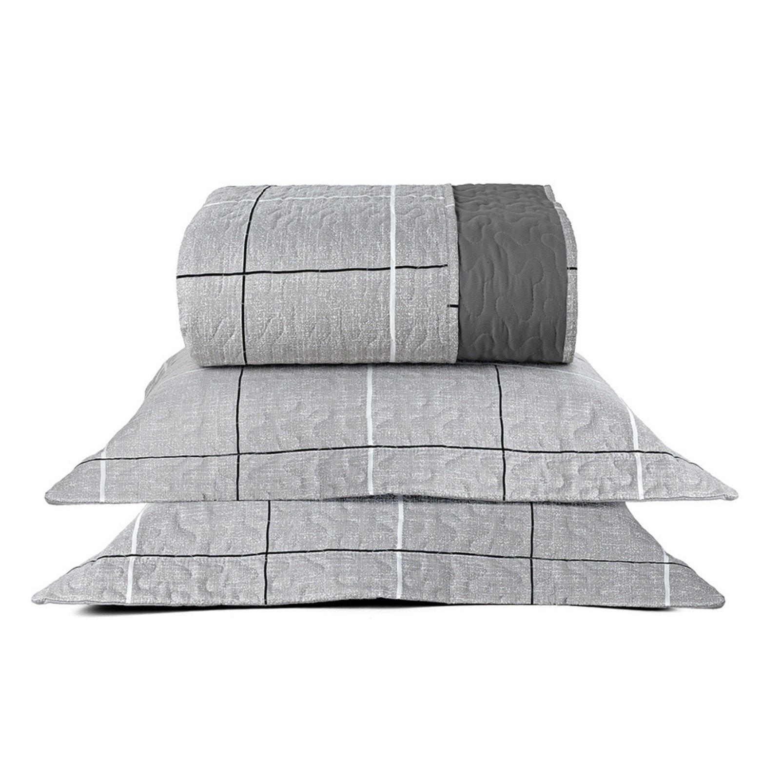 Kit Cobre Leito Colcha Casa Scarpa Celi Queen Dupla Face Micropercal 200 Fios 3 Peças Xadrez Grid Cinza