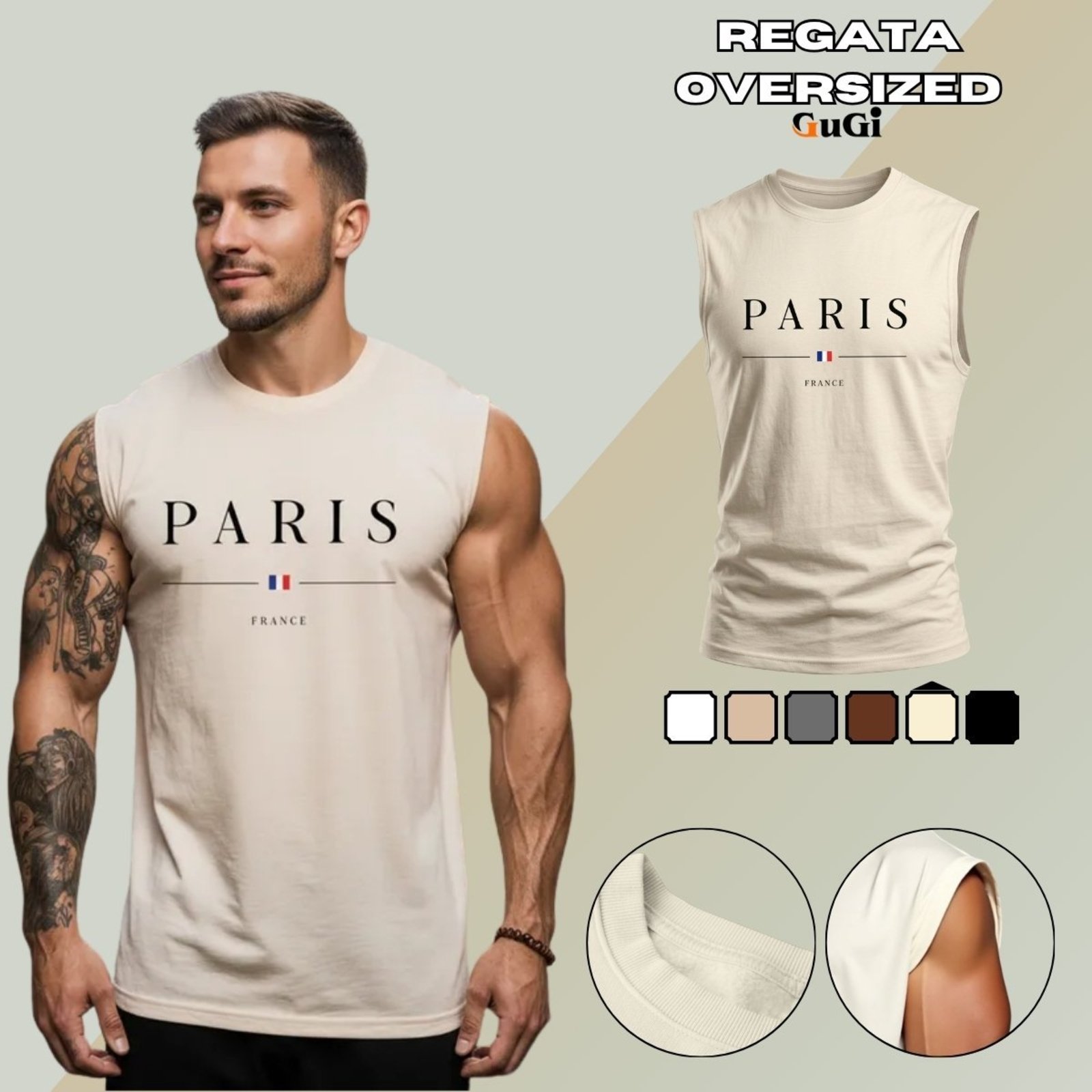 Camiseta Regata Masculina Oversized Estampada Cidade Paris 100% Algodão 30.1 Off White
