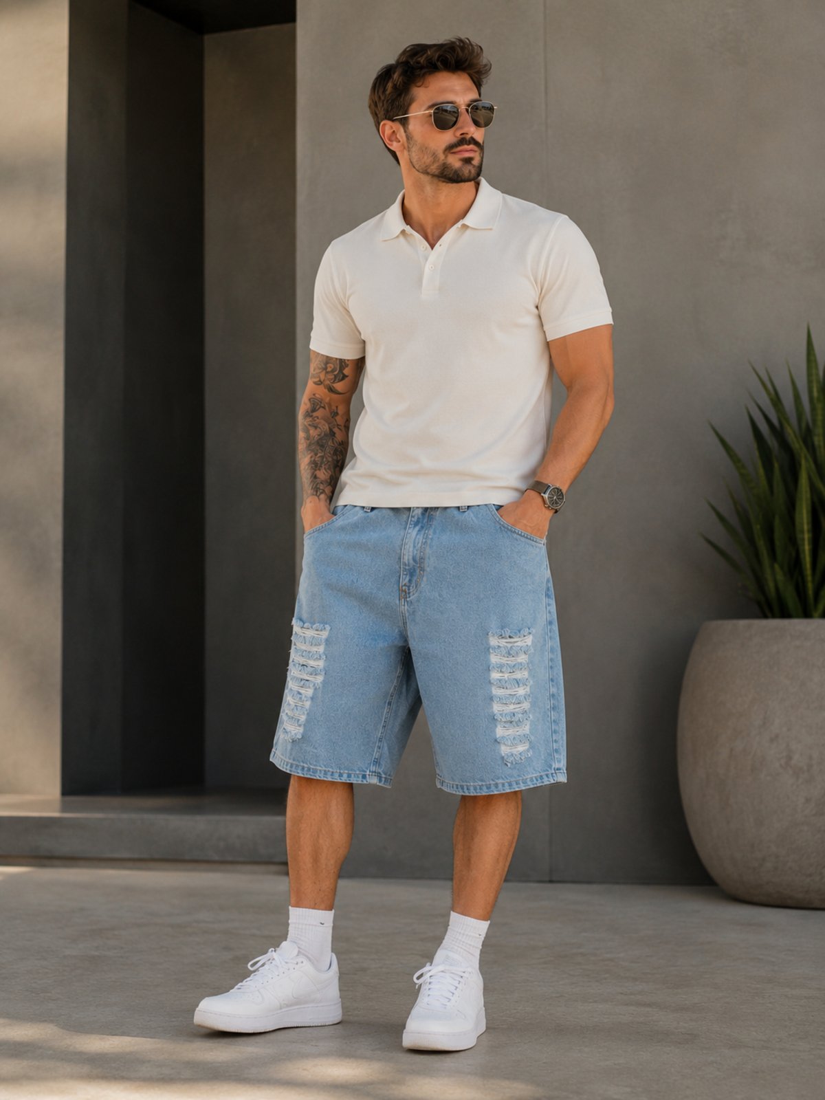 Bermuda Balão Jeans Destroyed Masculina Kovali Casual Básica Confortável Delave