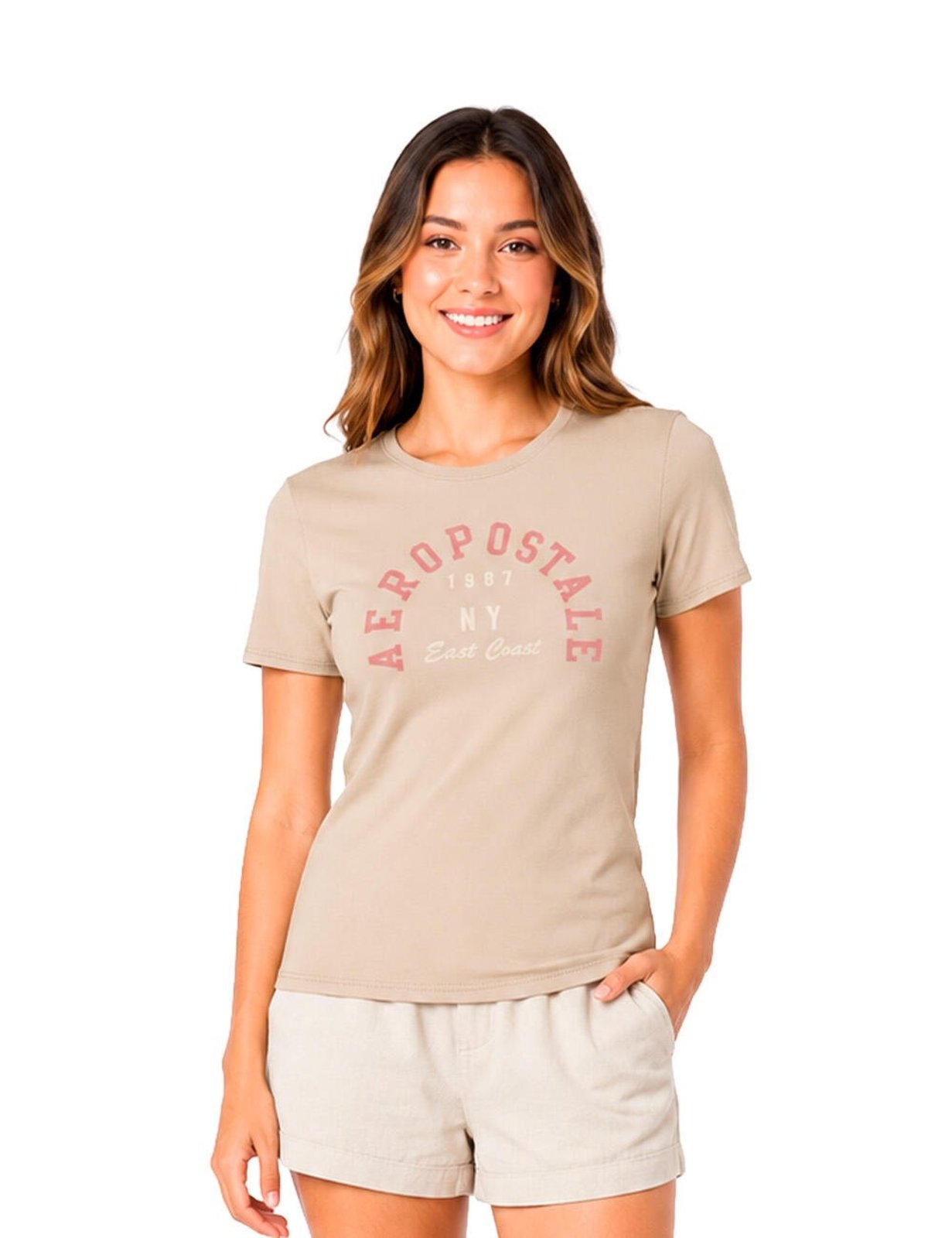 Camiseta Manga Curta Feminina Bordada Aéropostale 98120163 Nude