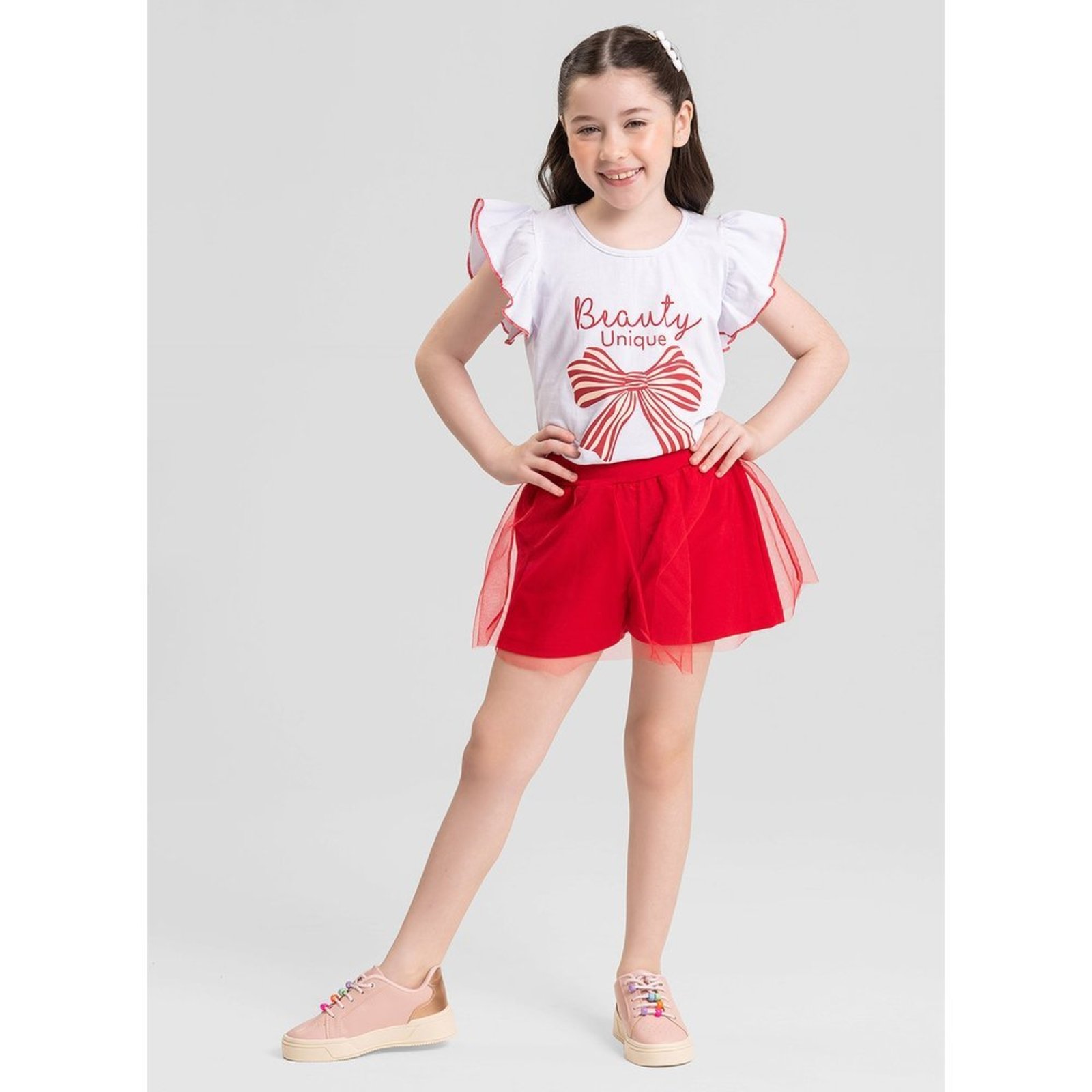 Infantil - Conjunto Verão Menina Branco Blusa com Babado e Shorts Saia com Tule Laço