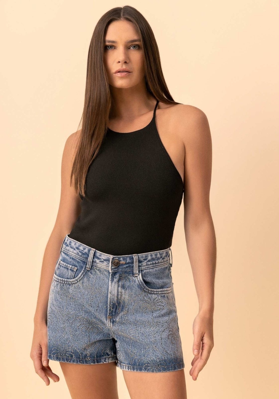 Shorts Jeans De Cintura Média Com Aplicações