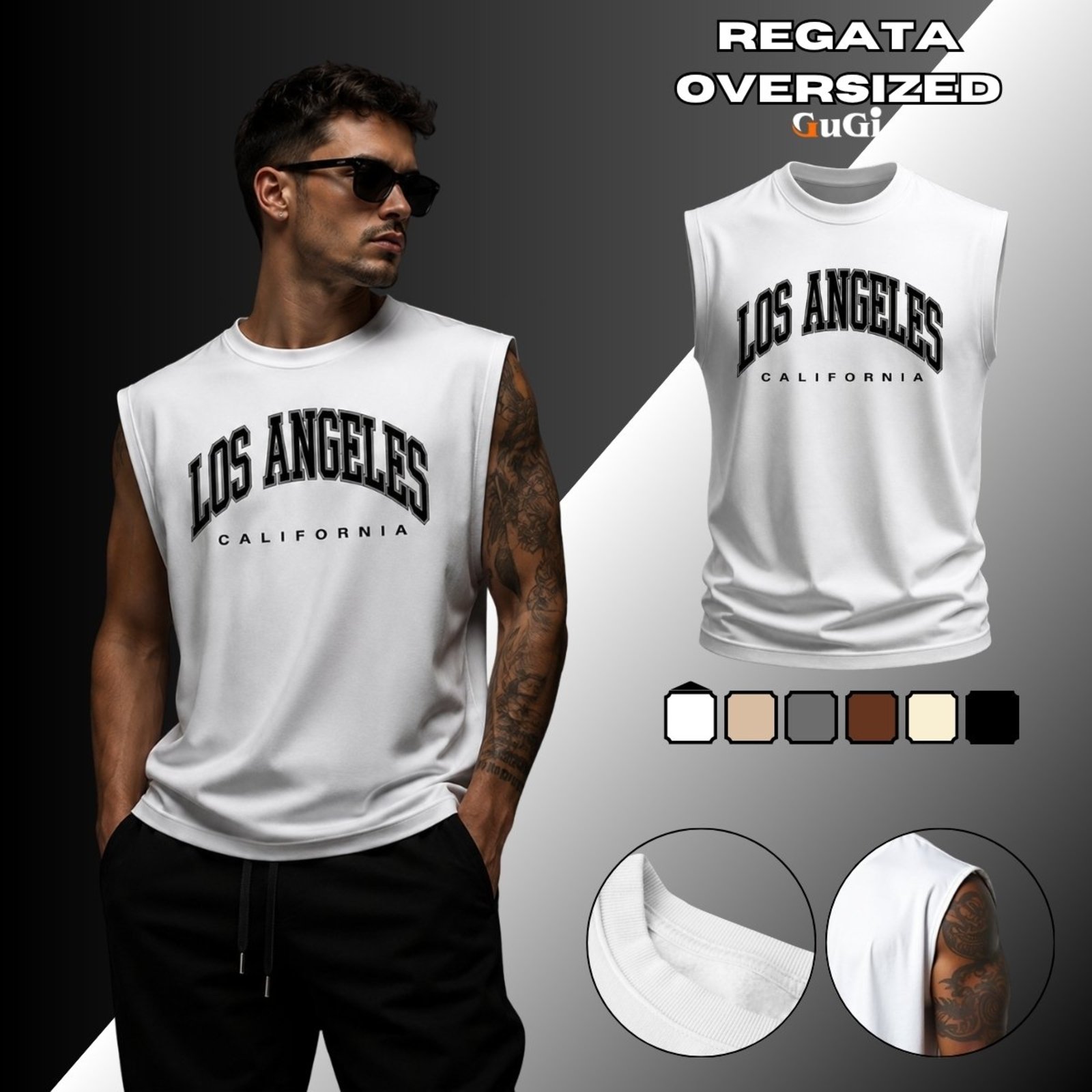 Camiseta Regata Masculina Oversized Estampada Los Angeles California 100% Algodão 30.1 Branco
