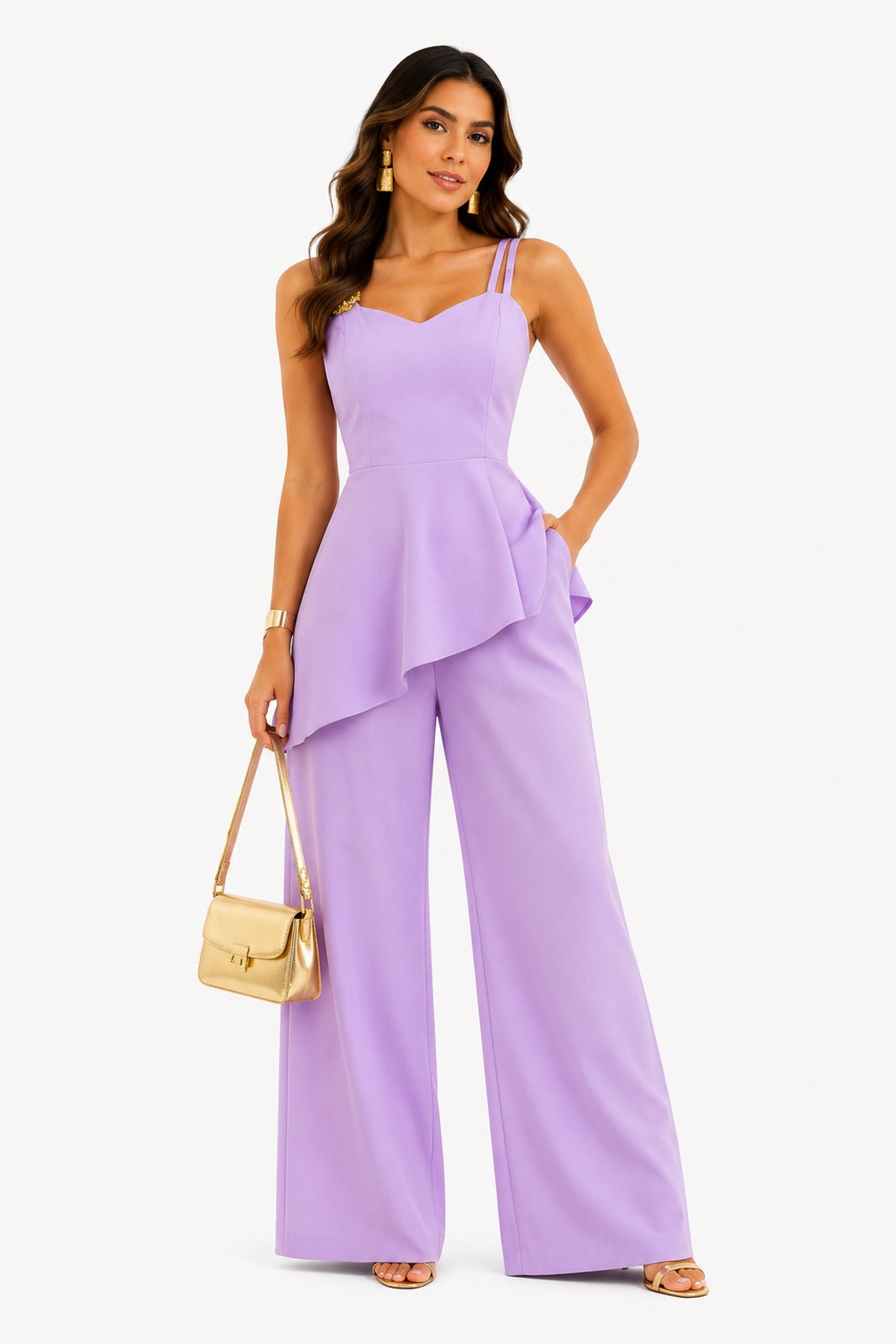 Conjunto Feminino D Bell Outlet Fashion Pantalona Blusa Peplum Lilás