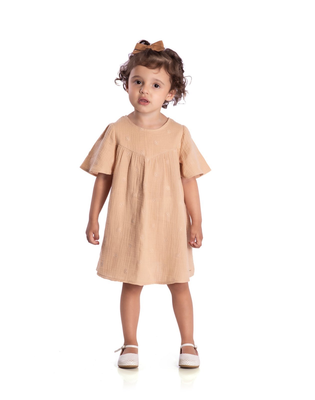 Infantil - Vestido manga curta em tecido gaze bordado bege