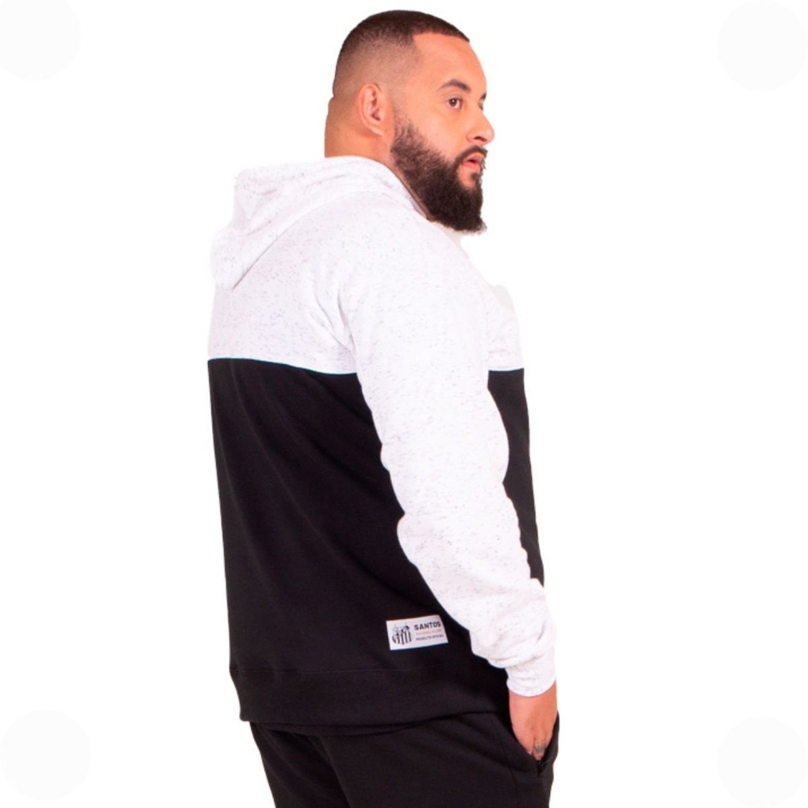 Moletom Canguru Fechado Santos Oficial com Capuz Plus Size Branco Preto