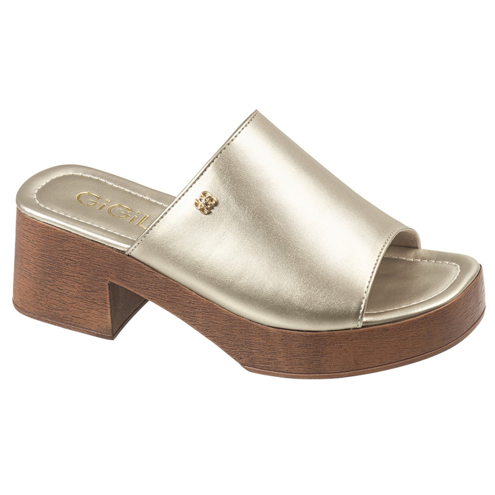 Sandália Tamanco Feminino GiGiL Salto Grosso Bloco Madeira Plataforma Meia Pata Elegante Clássico Dourado