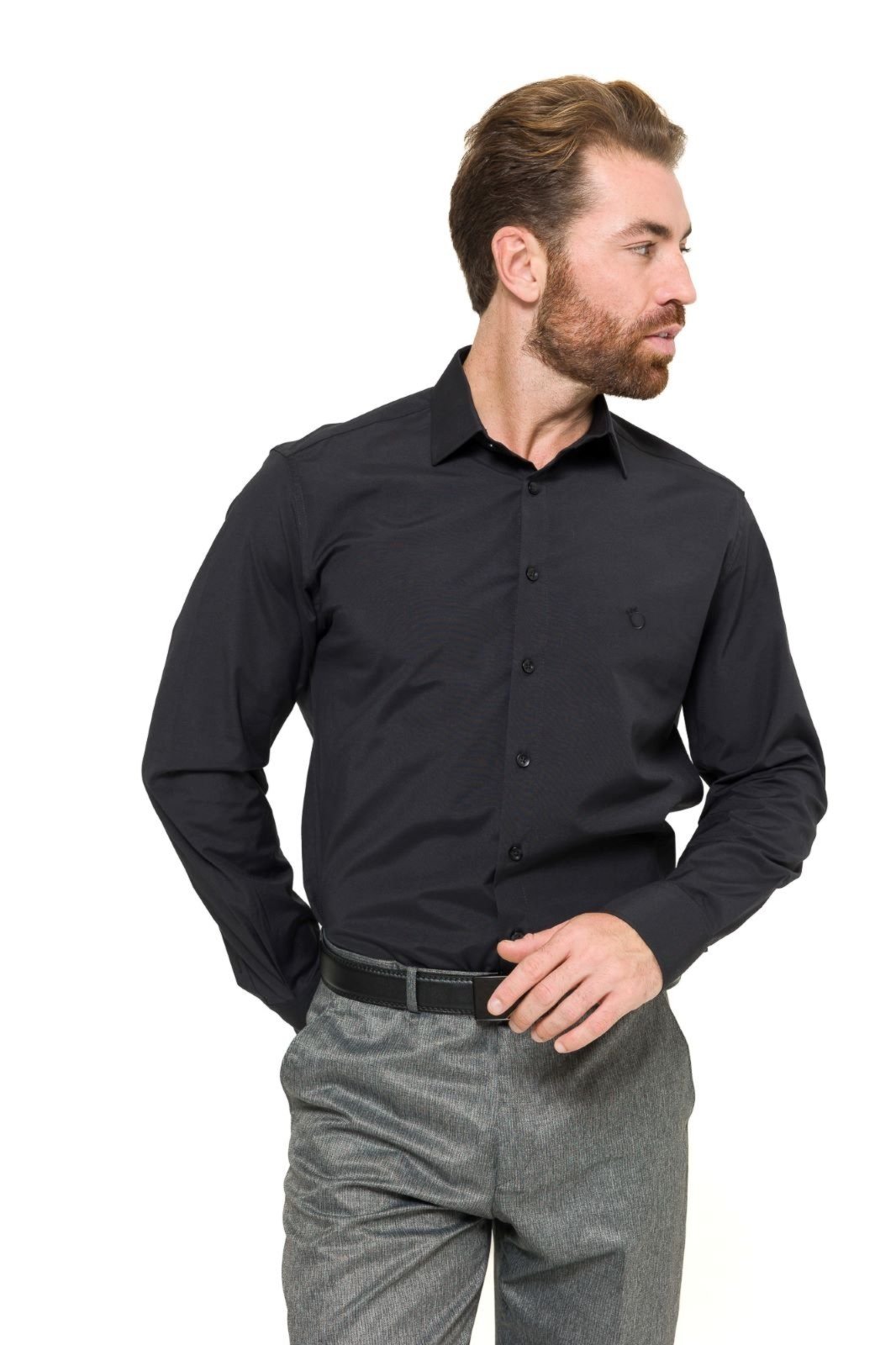 Camisa Social Slim Masculina Olimpo Lisa com Elastano Manga Longa Preta