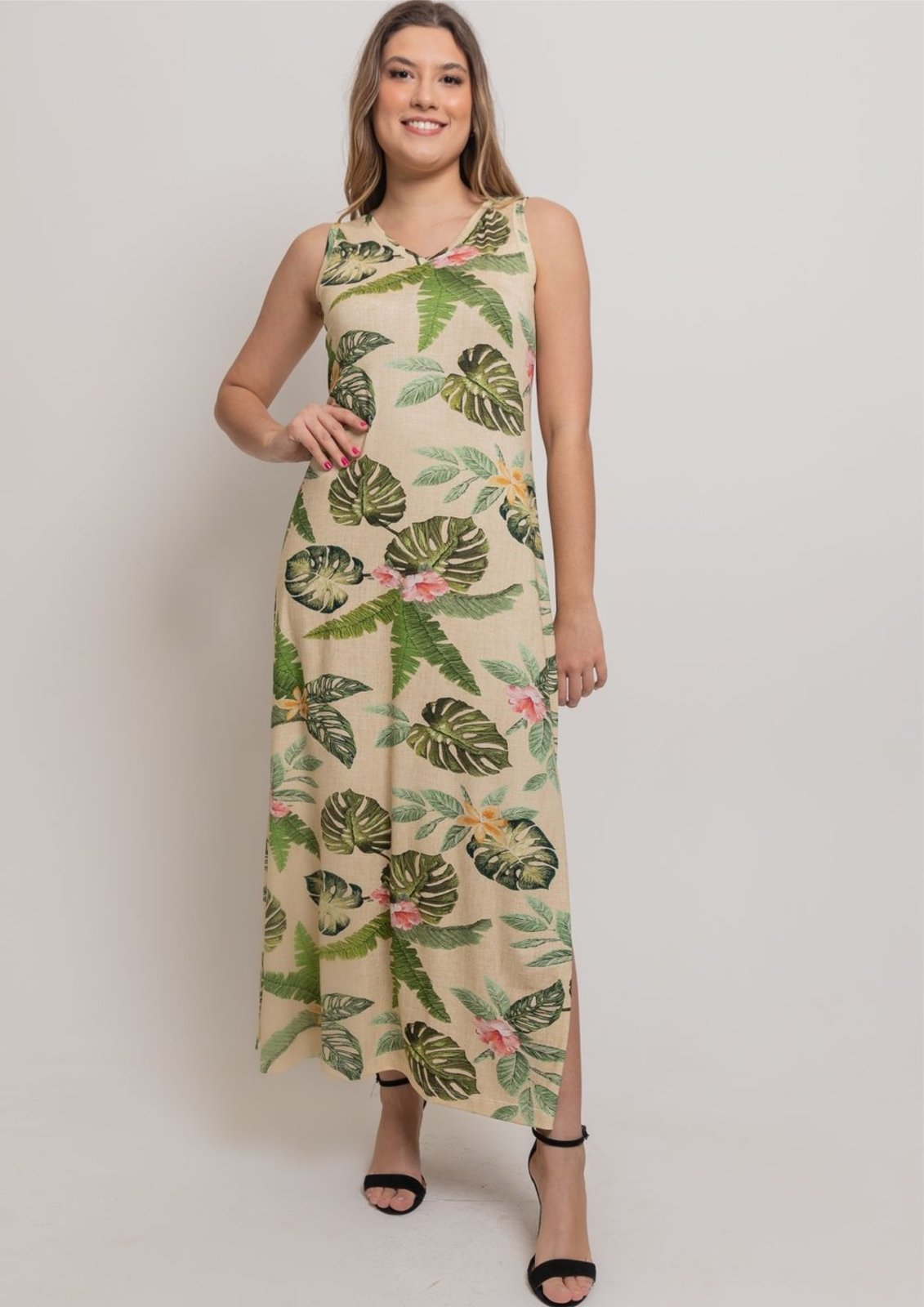Vestido Longo Pau a Pique Estampado Bege BEGE – XL Pau a Pique