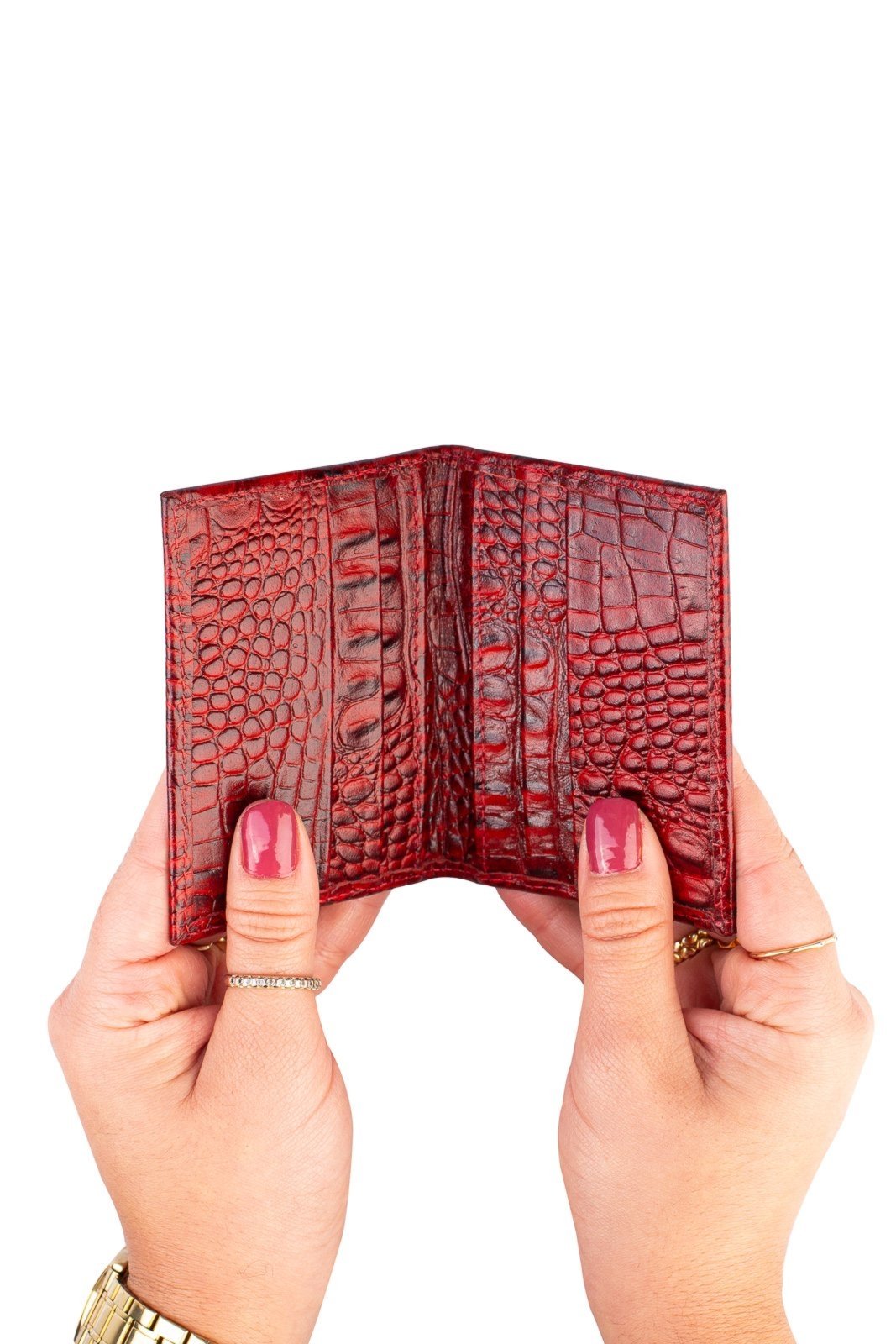 Vista 3 Porta cartões de couro croco Andréia 7,5x10cm Andrea Vinci vermelho