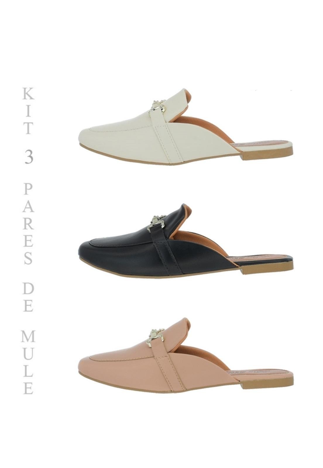 Mule Kit 3 Pares Sapato Sapatilha Bico Quadrado 132 Colorido