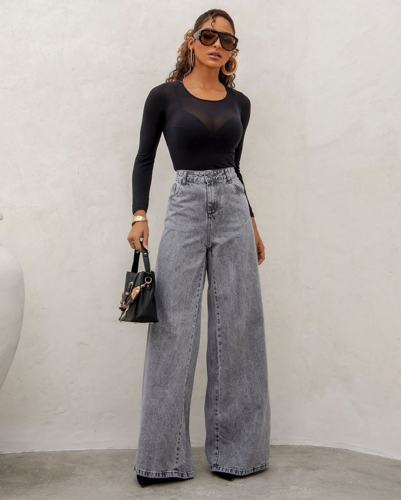 Calça Jeans Wide Leg Feminina Relaxed 24826 Cinza Consciência