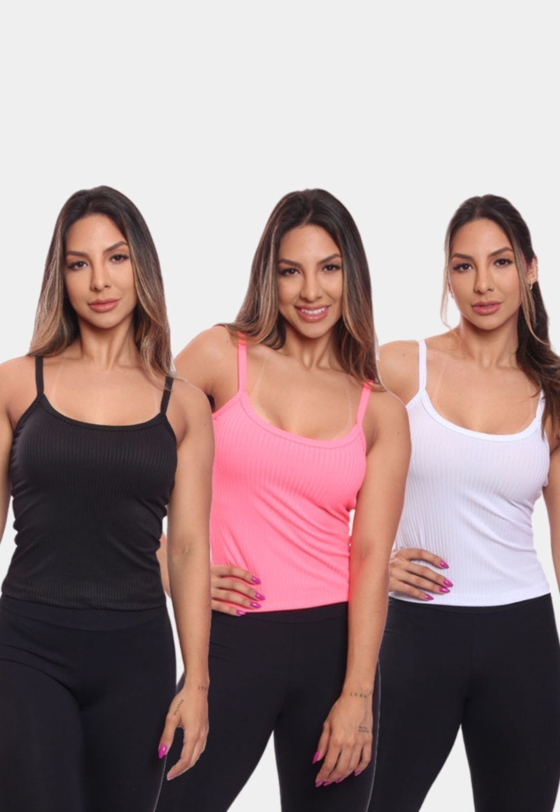 Kit 3 Regatas de Alcinha Canelada Feminina Lisa Blusa Blusinha Básica Treino Academia
