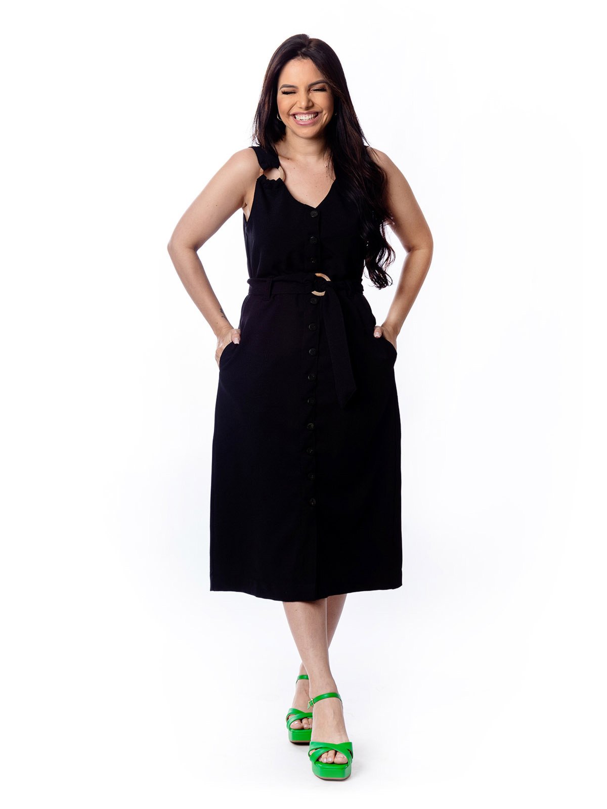Vestido Midi Restrito Jeans Com Cinto e Argola – PRETO