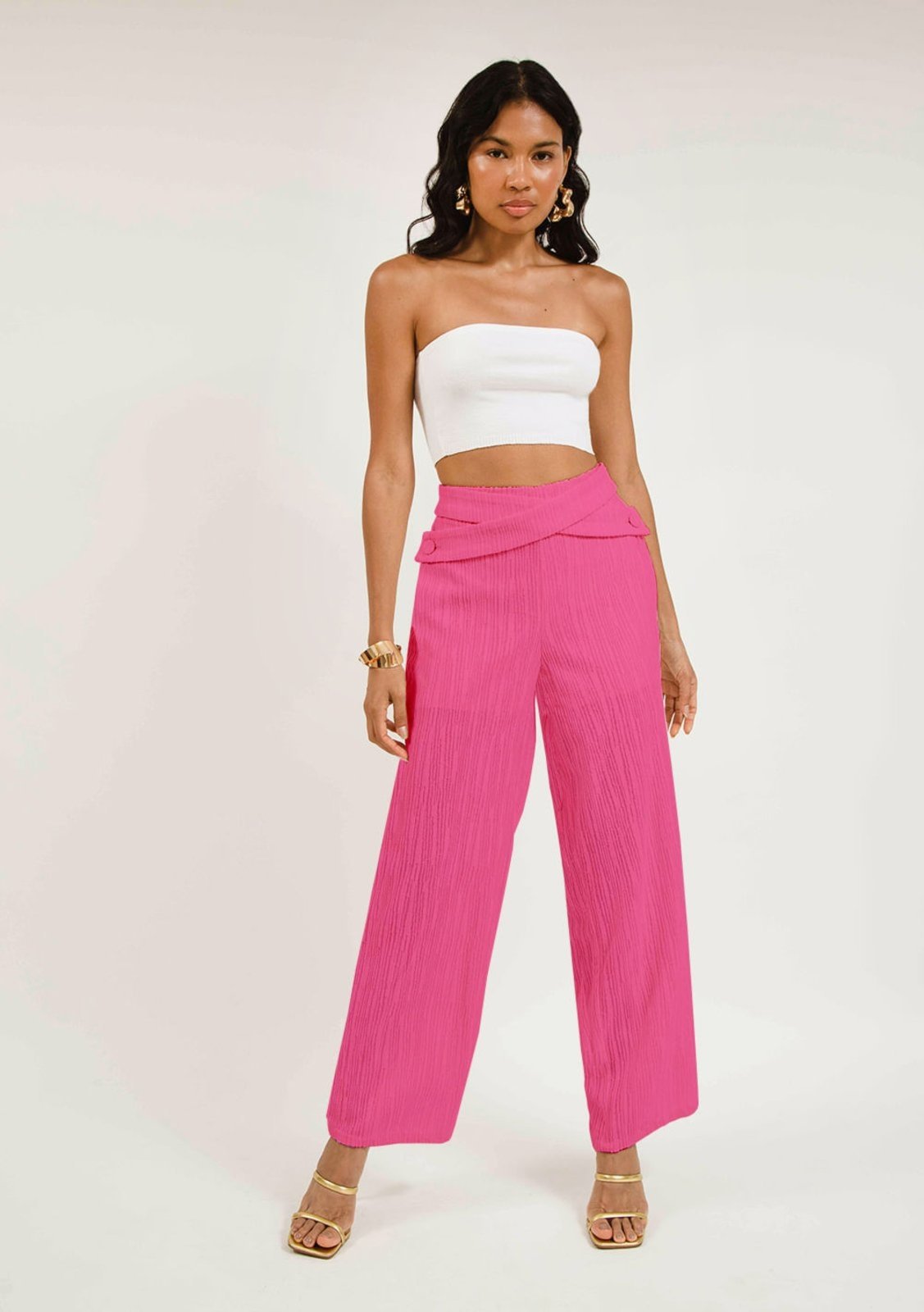 Calça Zinco Reta Cós Alto Com Transpasse Rosa