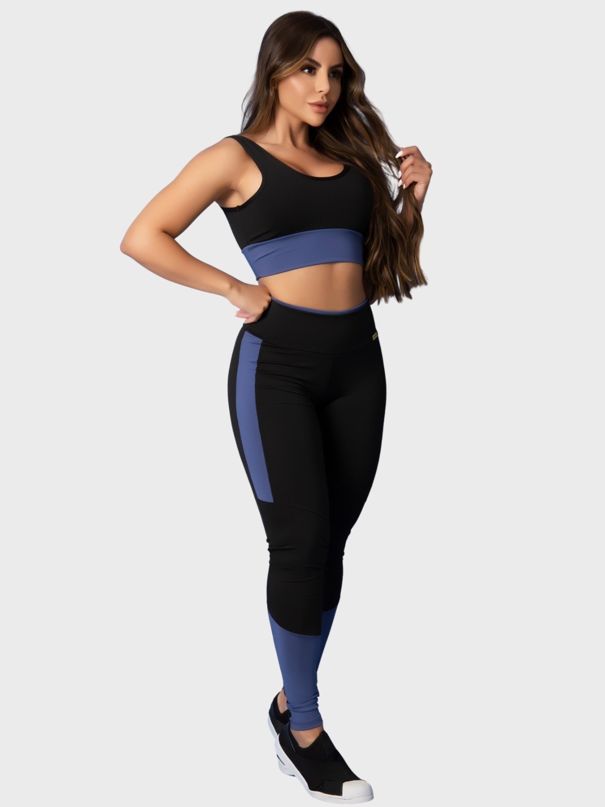 Conjunto Fitness Tarelles Top Calça Legging Cintura Alta Preto e Azul