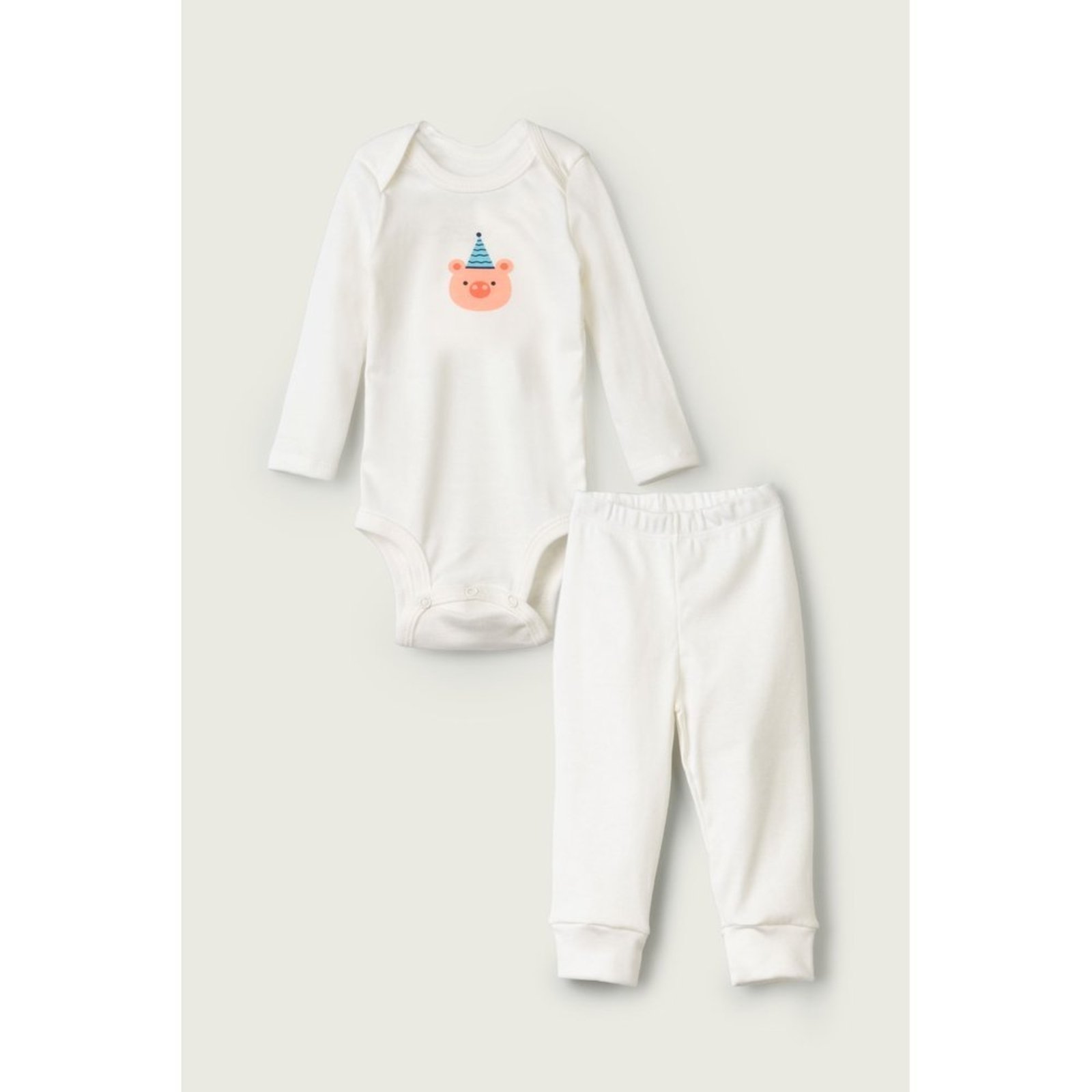 Infantil - Conjunto Body Longo e Calça do Papai Off White Porco Aniversário