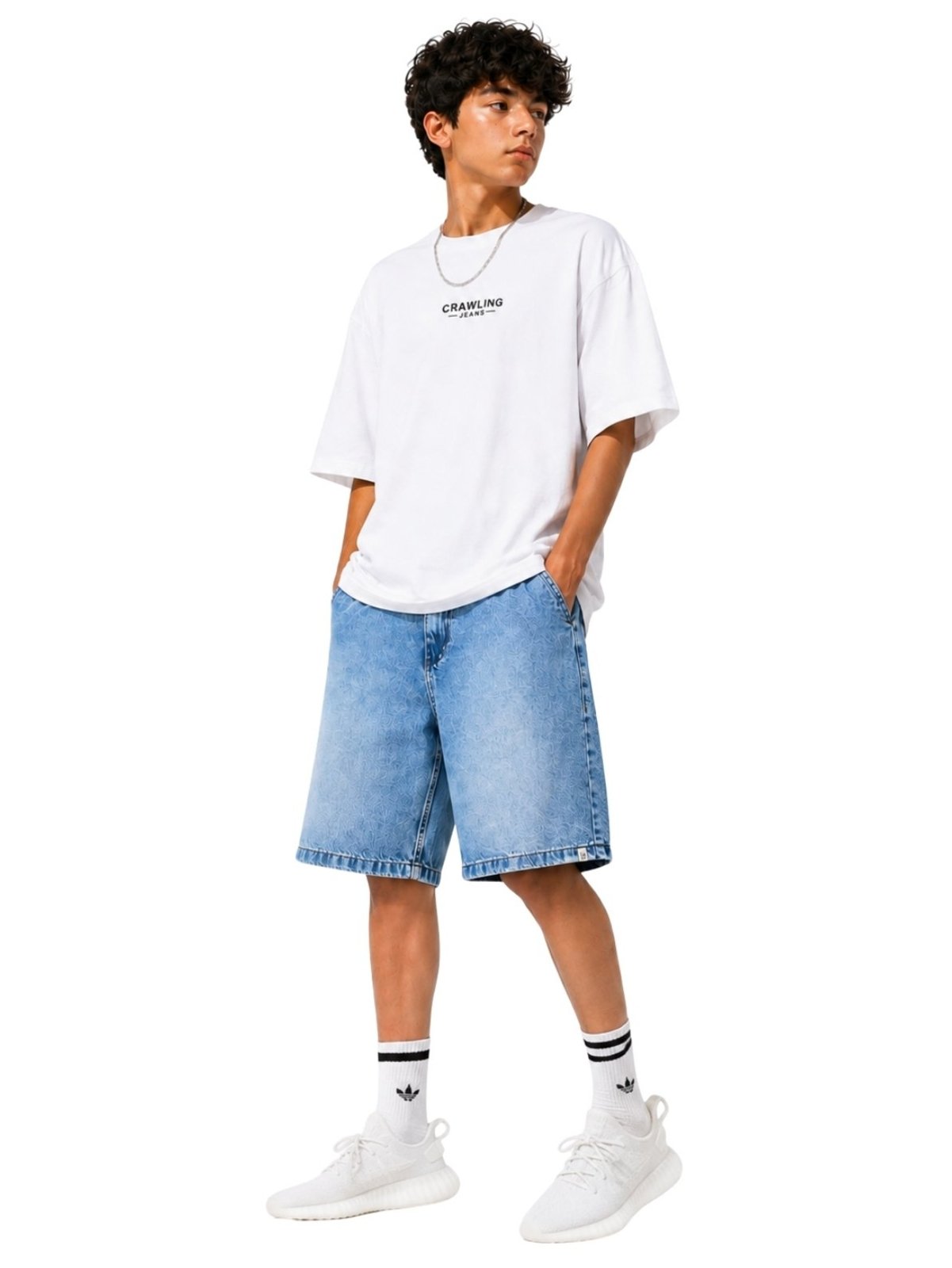 Infantil - Bermuda Baggy Jeans Crawling Juvenil Masculina Lavagem Clara