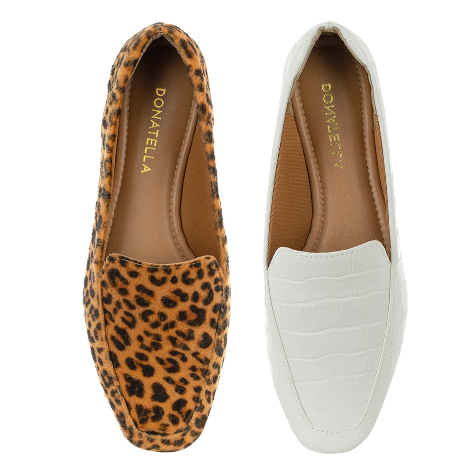 Kit 2 Pares Mocassim Feminino CM Calçados Onça Camurça e Branco Croco