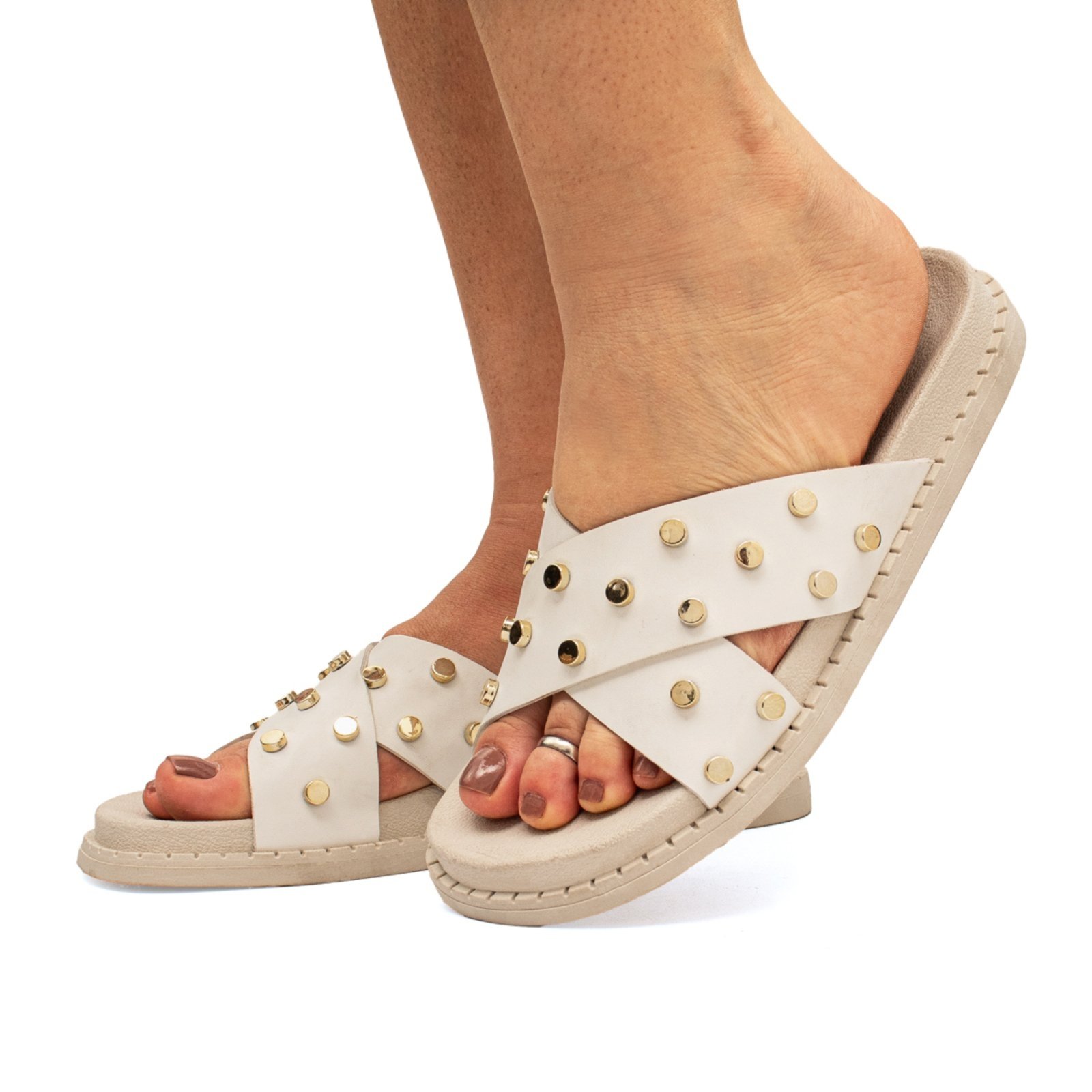 Sandália Papete Flatform Rasteirinha Off White Enfeite Metalizado Brilho