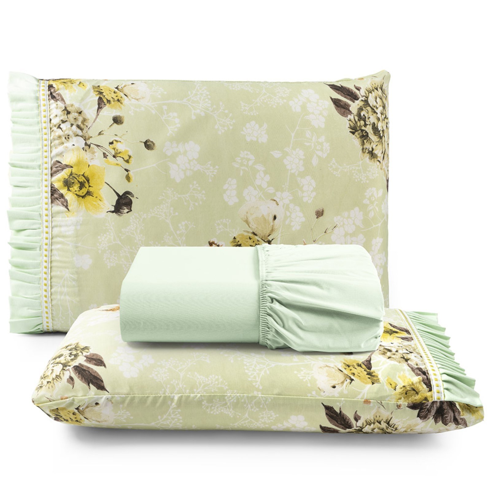 Jogo Cama Lençol Fiore Casa Scarpa Queen Estampado 180 Fios 100% Algodão com Babadinho 3 Peças Verde Floral