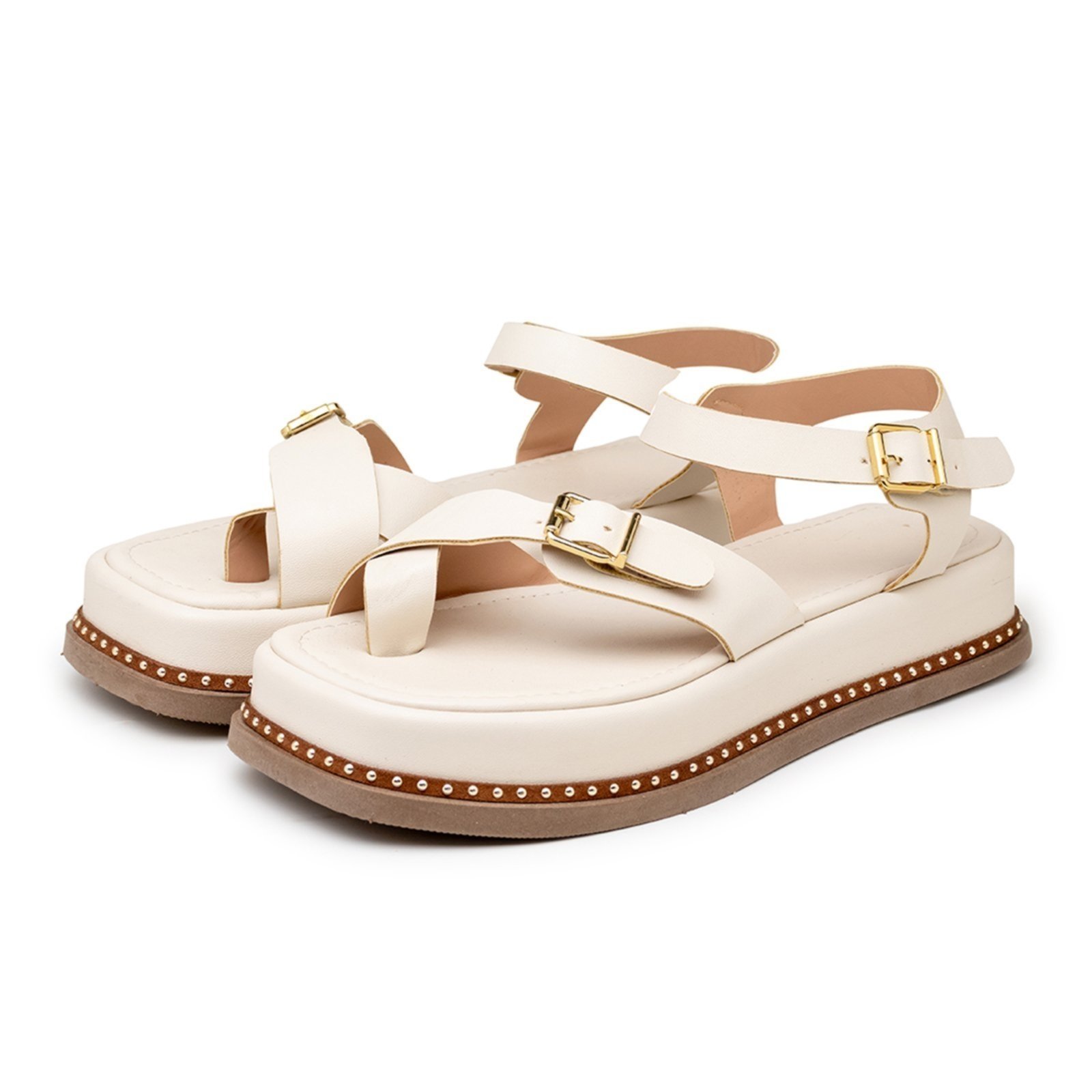Vista 3 Sandália Flatform Feminina Papete Tiras Fivela 23411 Off White Flor da Pele off-white white Flor da Pele off-white white