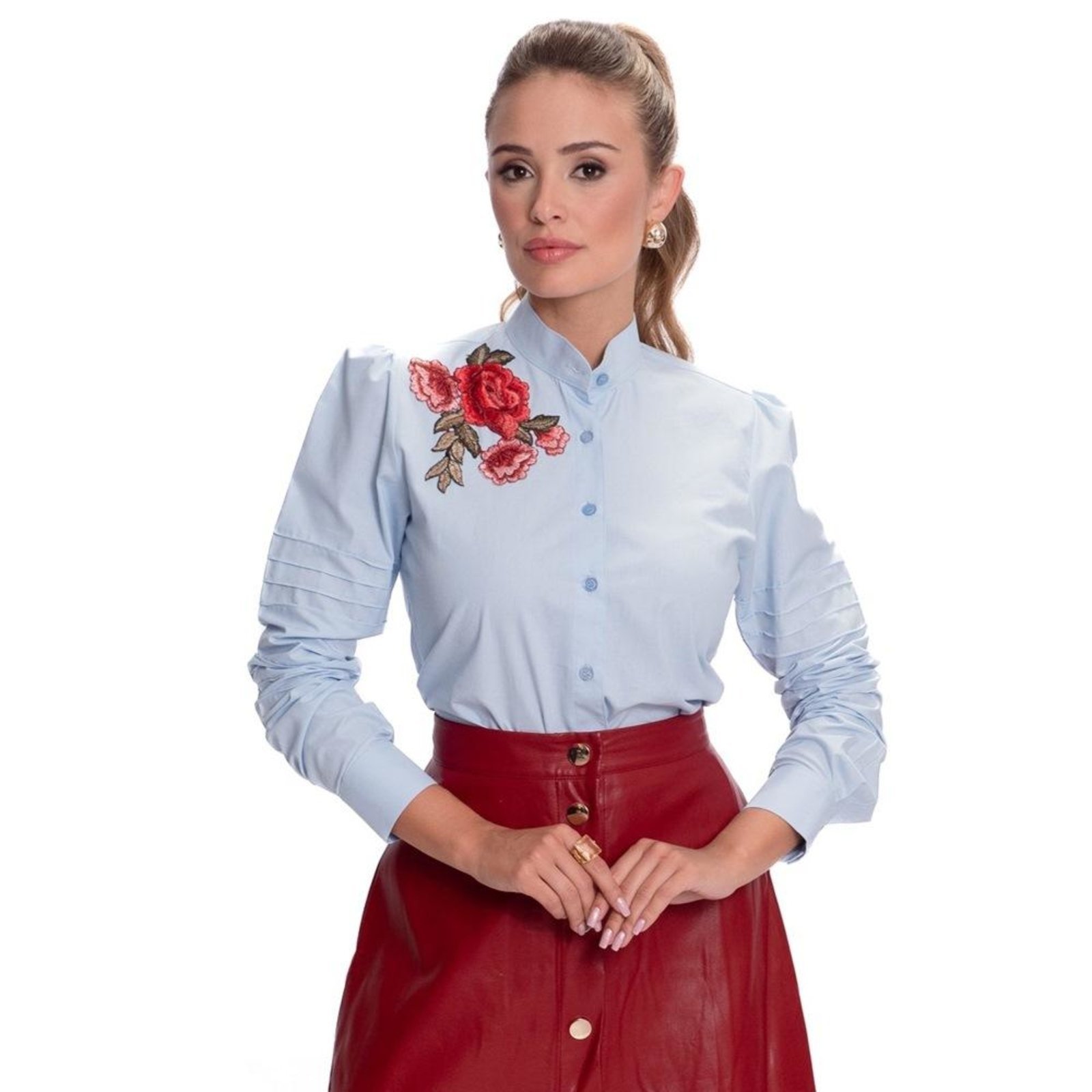 Camisa Social Feminina Bordado Floral Algodão Luxo Teodoro Azul Claro G Azul