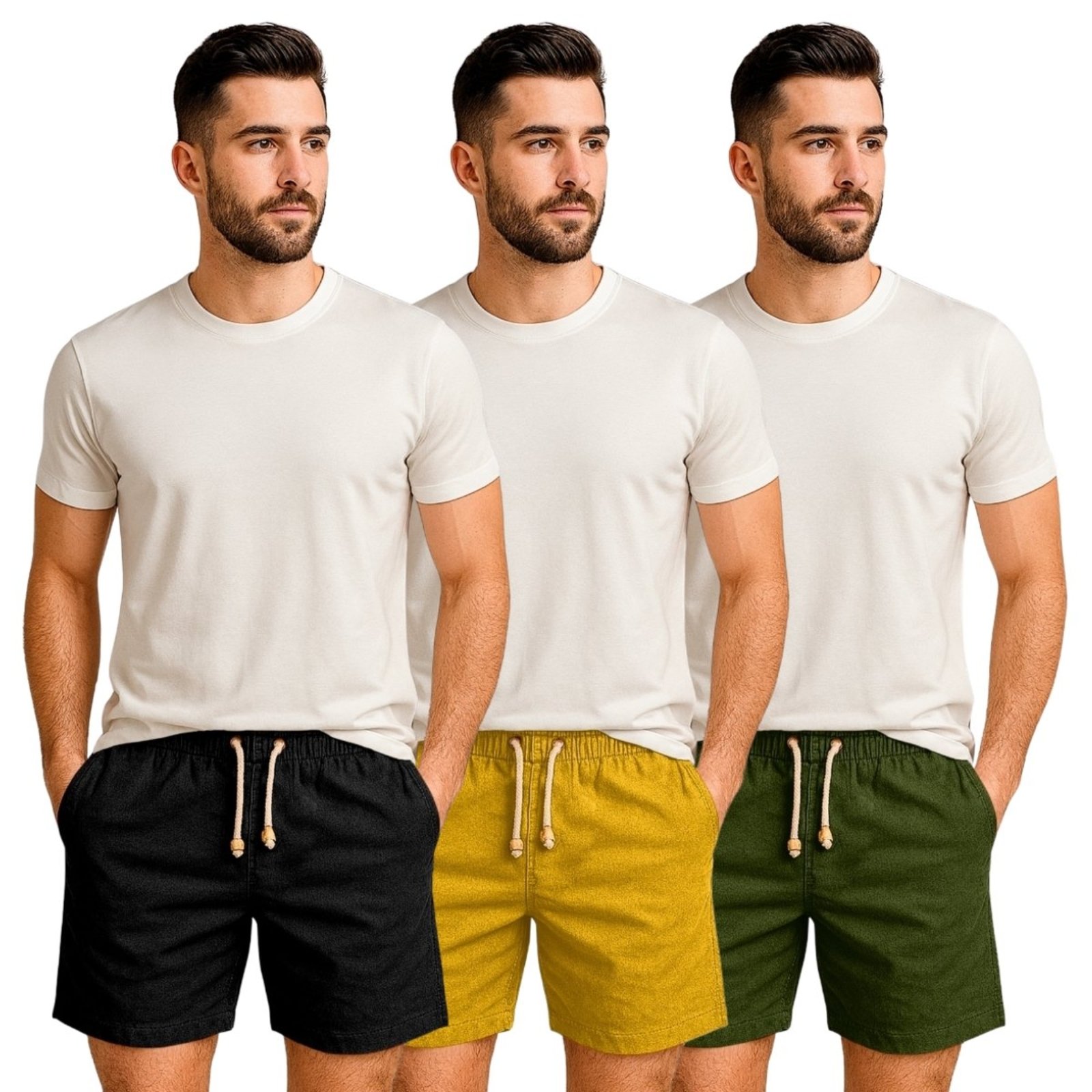 Kit 3 Shorts Linho Premium Bermuda Masculina Moda Praia Luxo