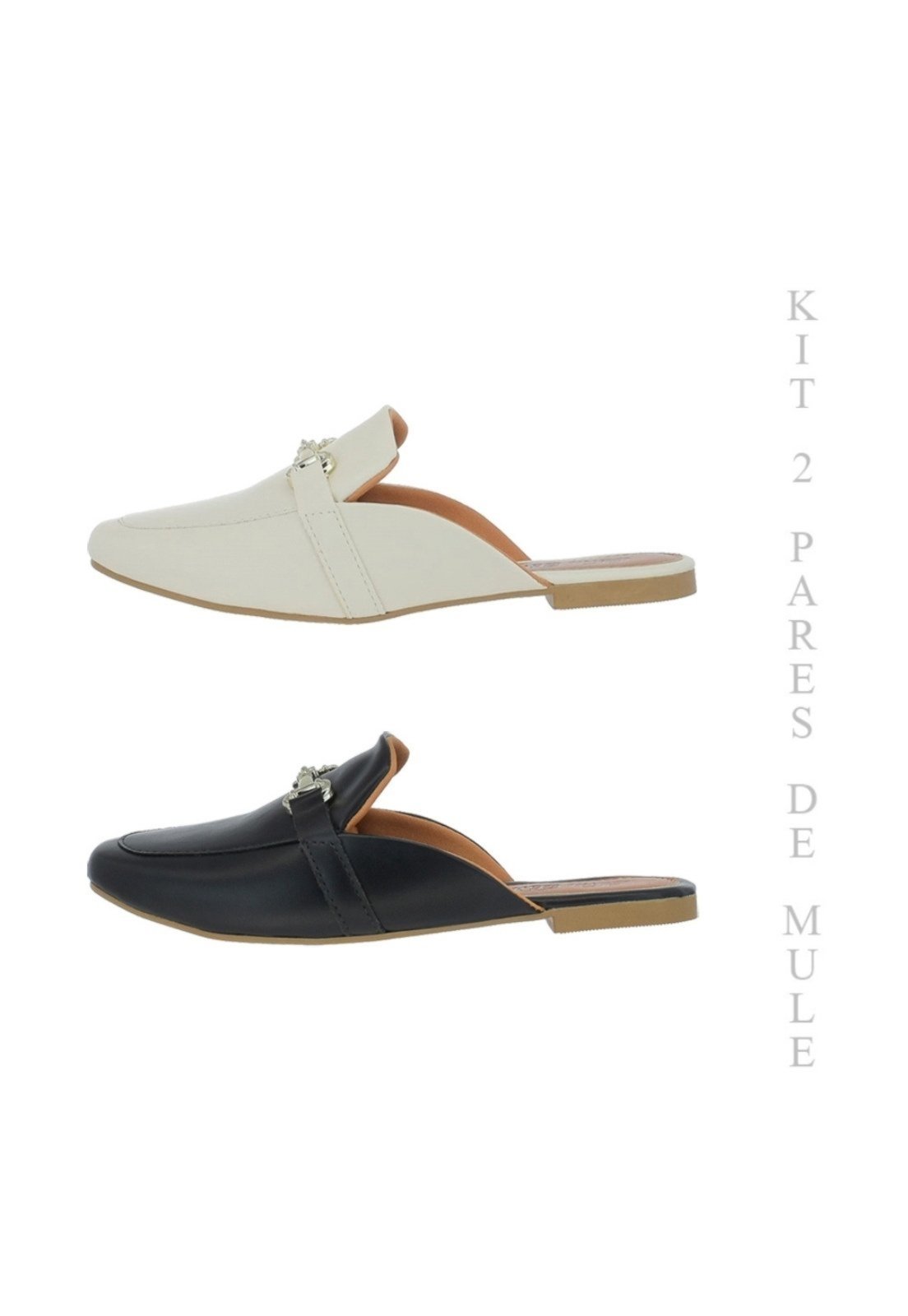 Mule Kit 2 Pares Sapato Sapatilha Bico Quadrado Rasteira 132 Bege/Preto