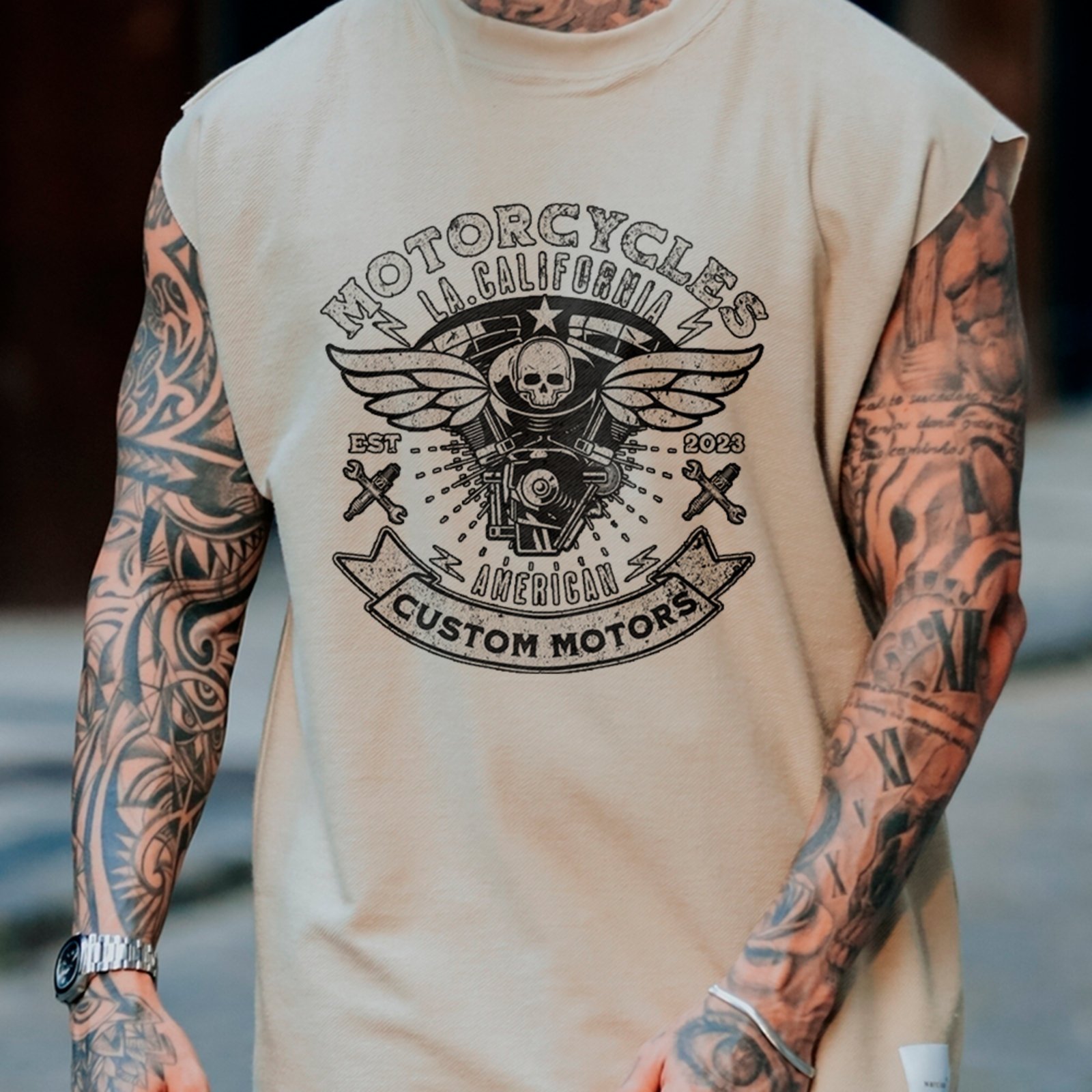 Camiseta Regata Machão Motorcycle Custom Motors Vintage Off White