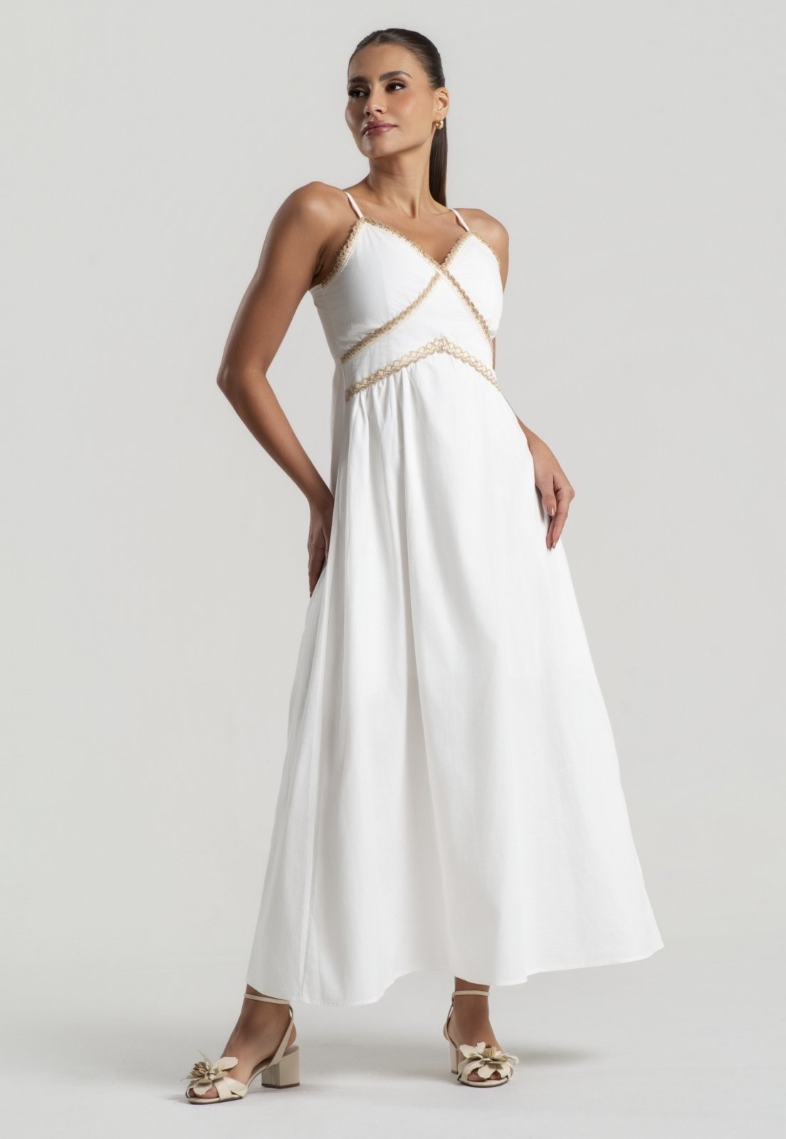 Vestido Longo Alfaiataria Alças Finas e Renda Salvatore Branco