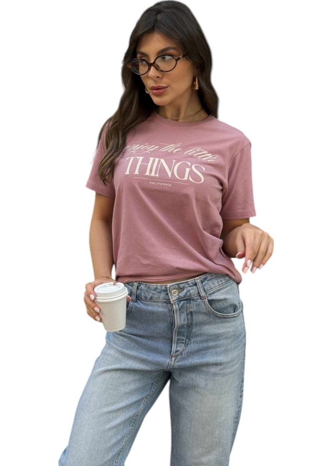 Camiseta Feminina Cianitas Rosa Envelhecida Estampa Enjoy The Little Things
