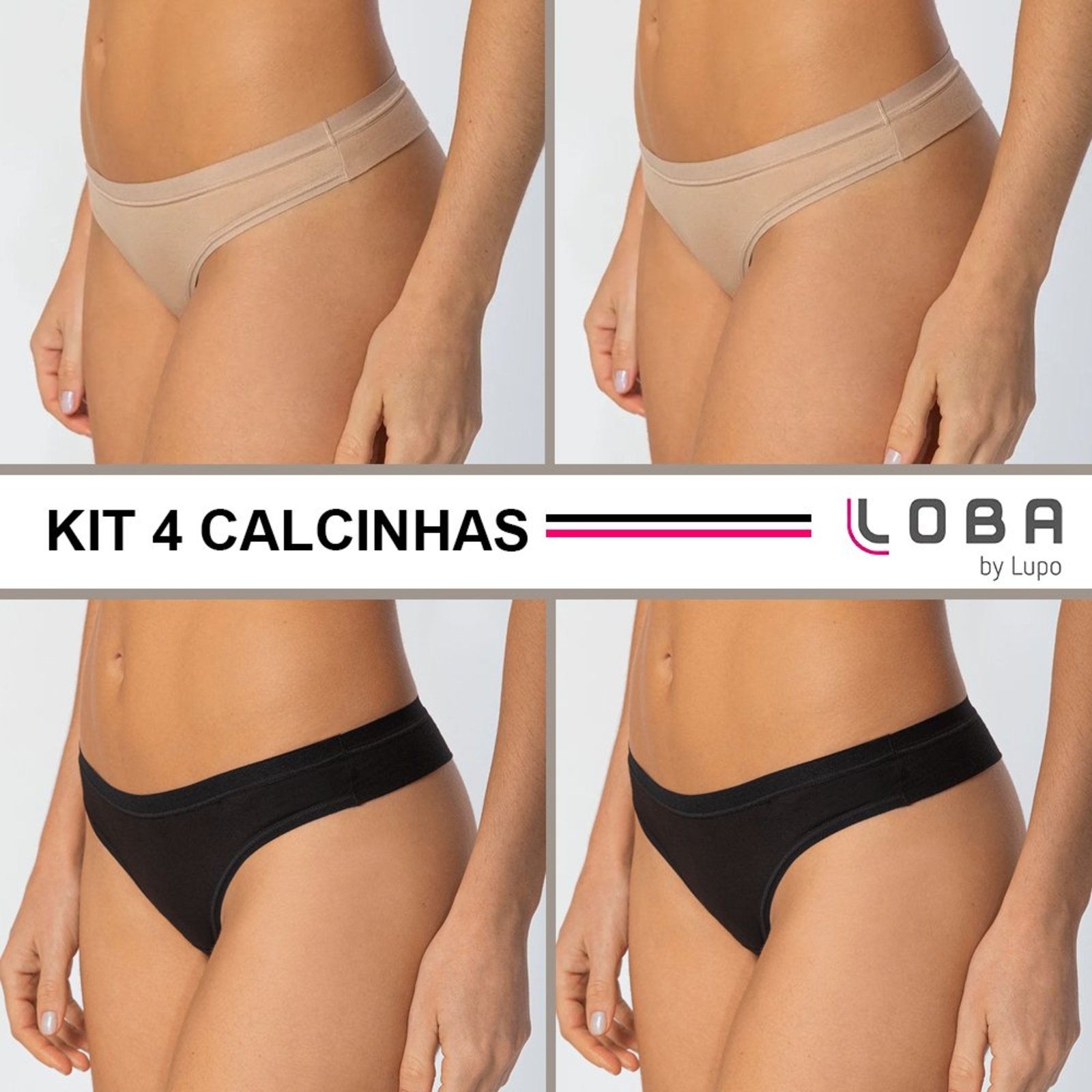 Kit 04 Calcinha Loba Fio Dental Algodão Com Elastano Cor: Preto- Natural