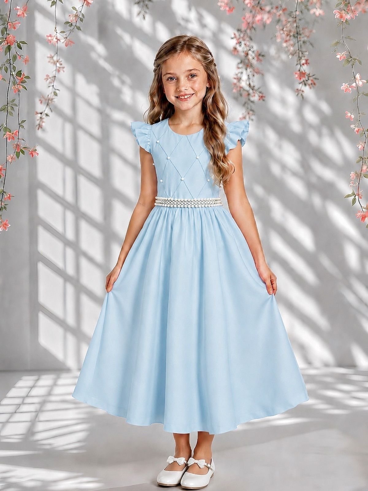 Infantil - Vestido Longo Social Azul Claro Serenity Festa Formatura Casamento Pérolas Dama Daminha Menina Juvenil Juvenil Princesa Rodado Florista Aniversário Luxo