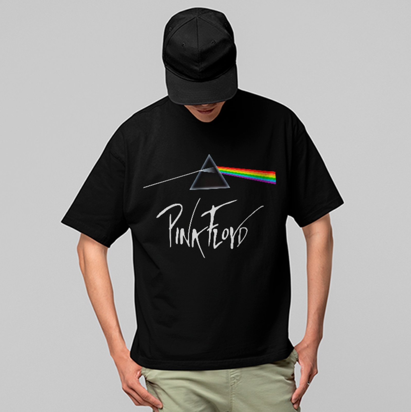 Camiseta Oversized Premium Pink Floyd Prism Rainbow Unissex Preto