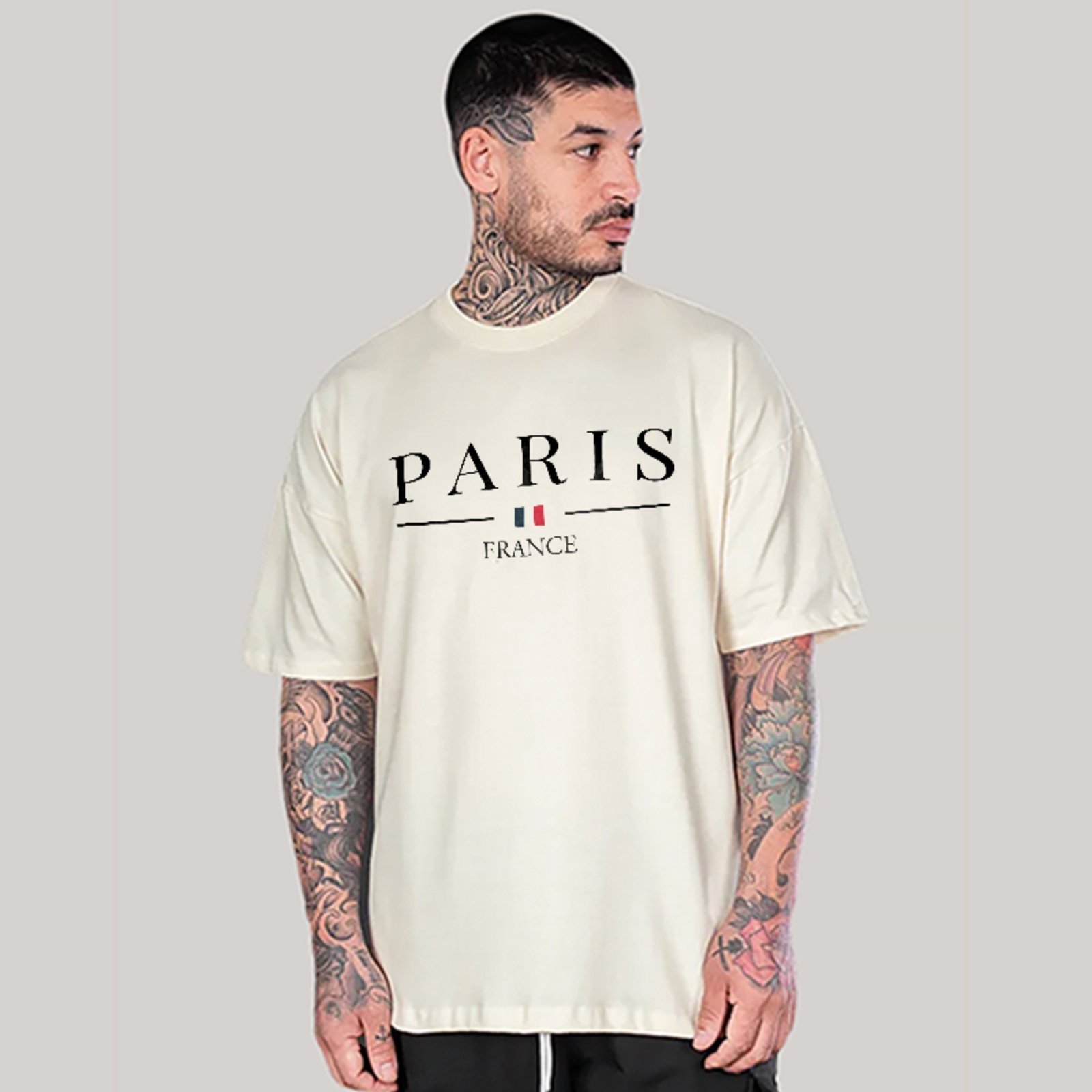 Vista 2 Camiseta Oversized Paris Estilo Urbano Luxo Estética Algodão Premium Off White ousy off-white white ousy off-white white