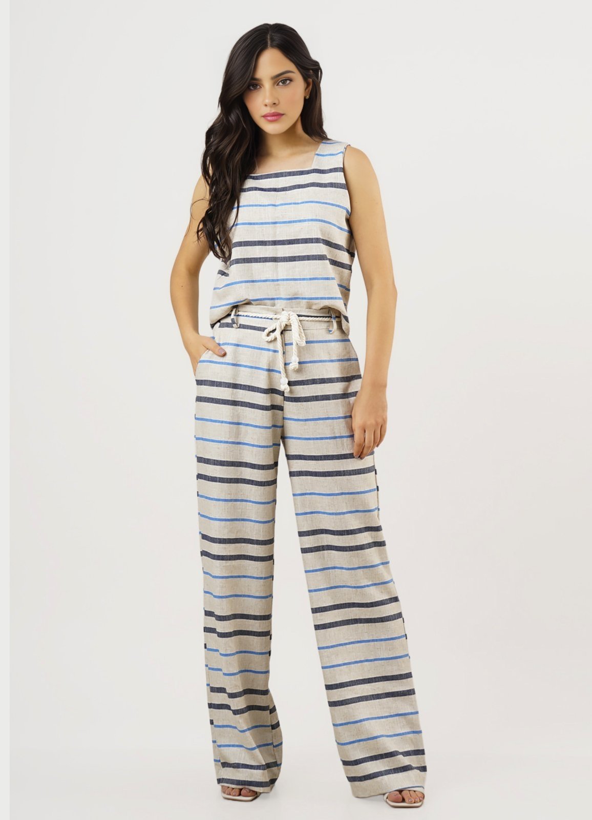 Conjunto de Linho Areia Listrado Calça Pantalona Top Alças Largas Azul