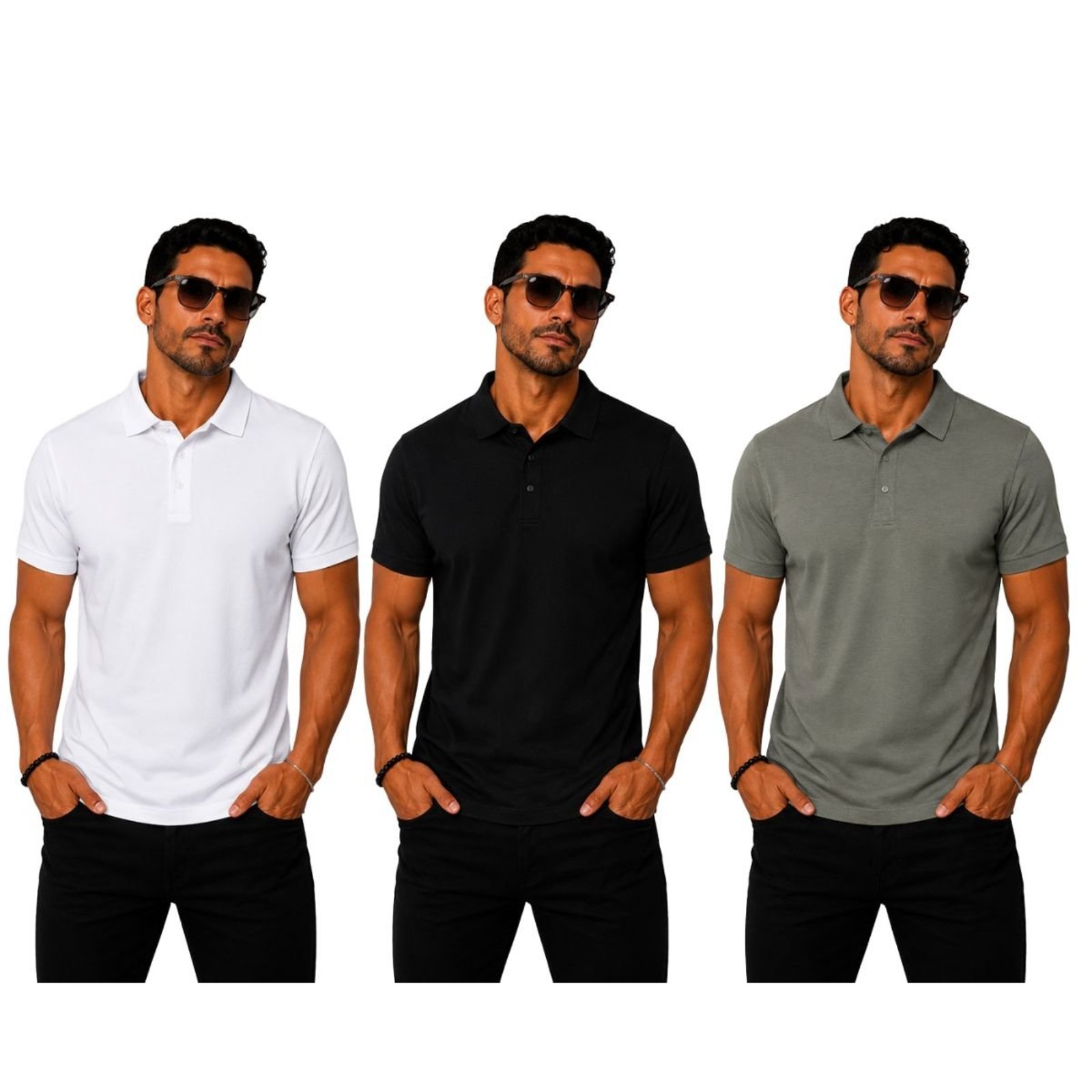 Kit 3 Camisas Polo Poliamida Masculina Básica Premium Multicolorido