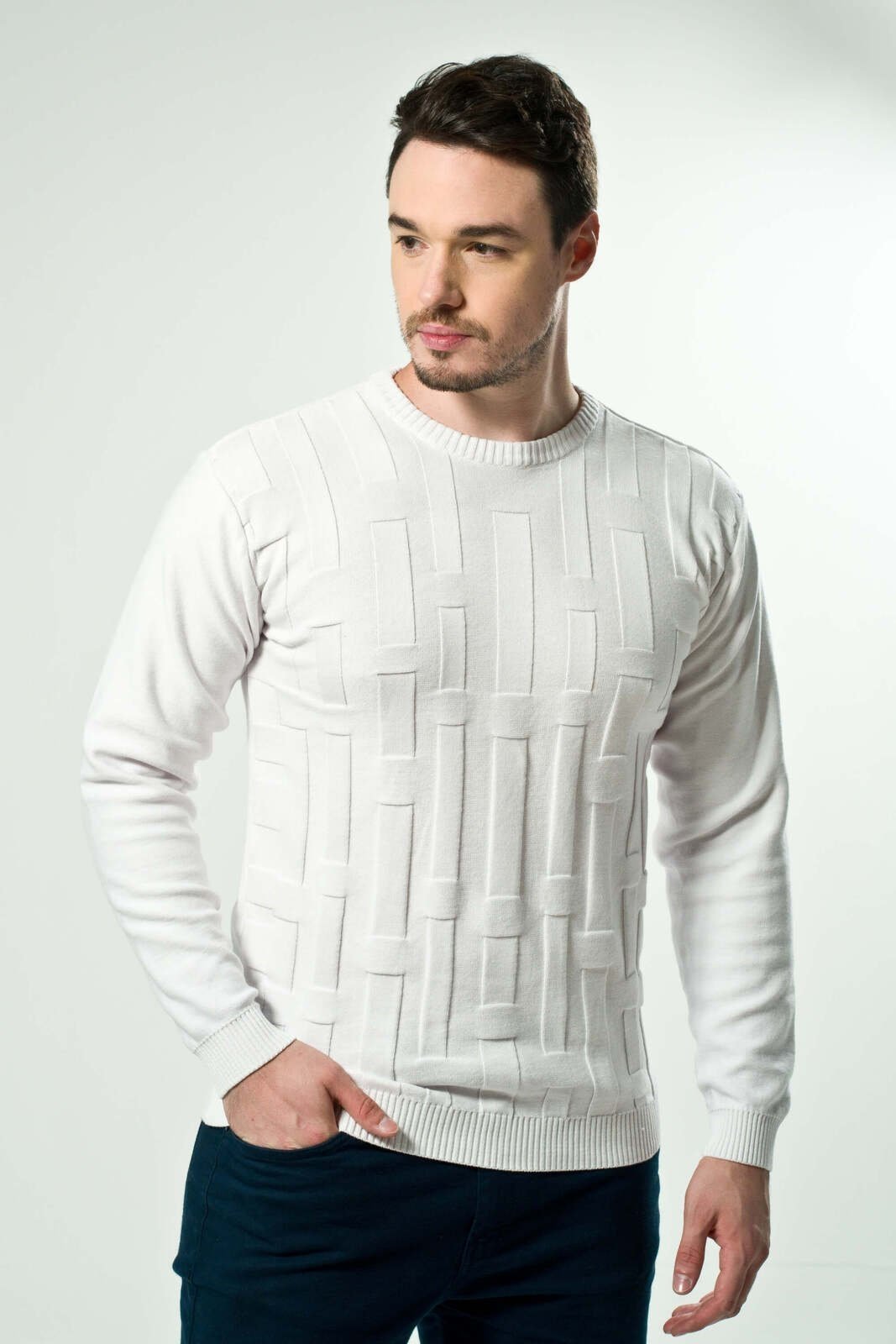 Blusão Tricô Algodão Quadriculado Branco