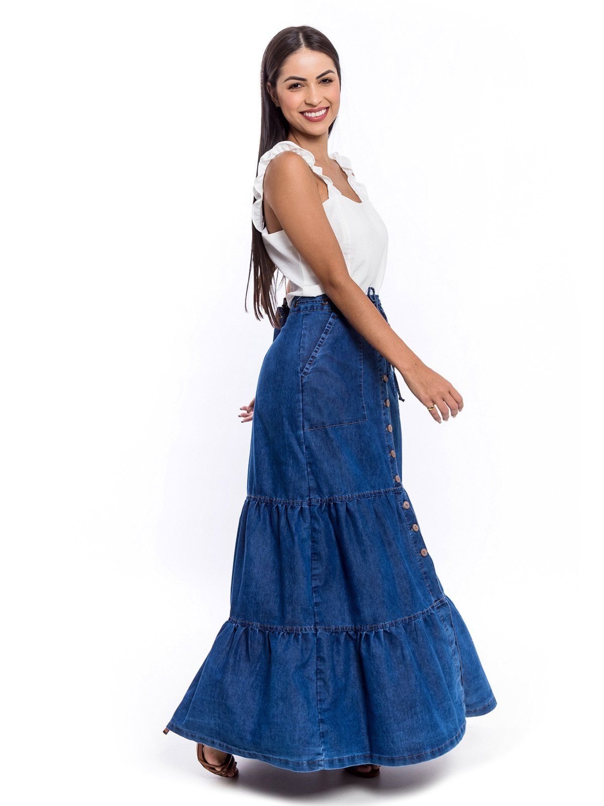 Saia Longa Restrito Jeans 3 Marias Com Botões – AZUL ESCURO