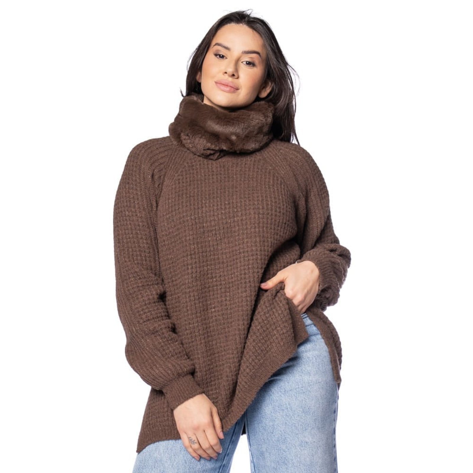 Blusa Feminina Biamar Tricot Com Gola Removível Marrom