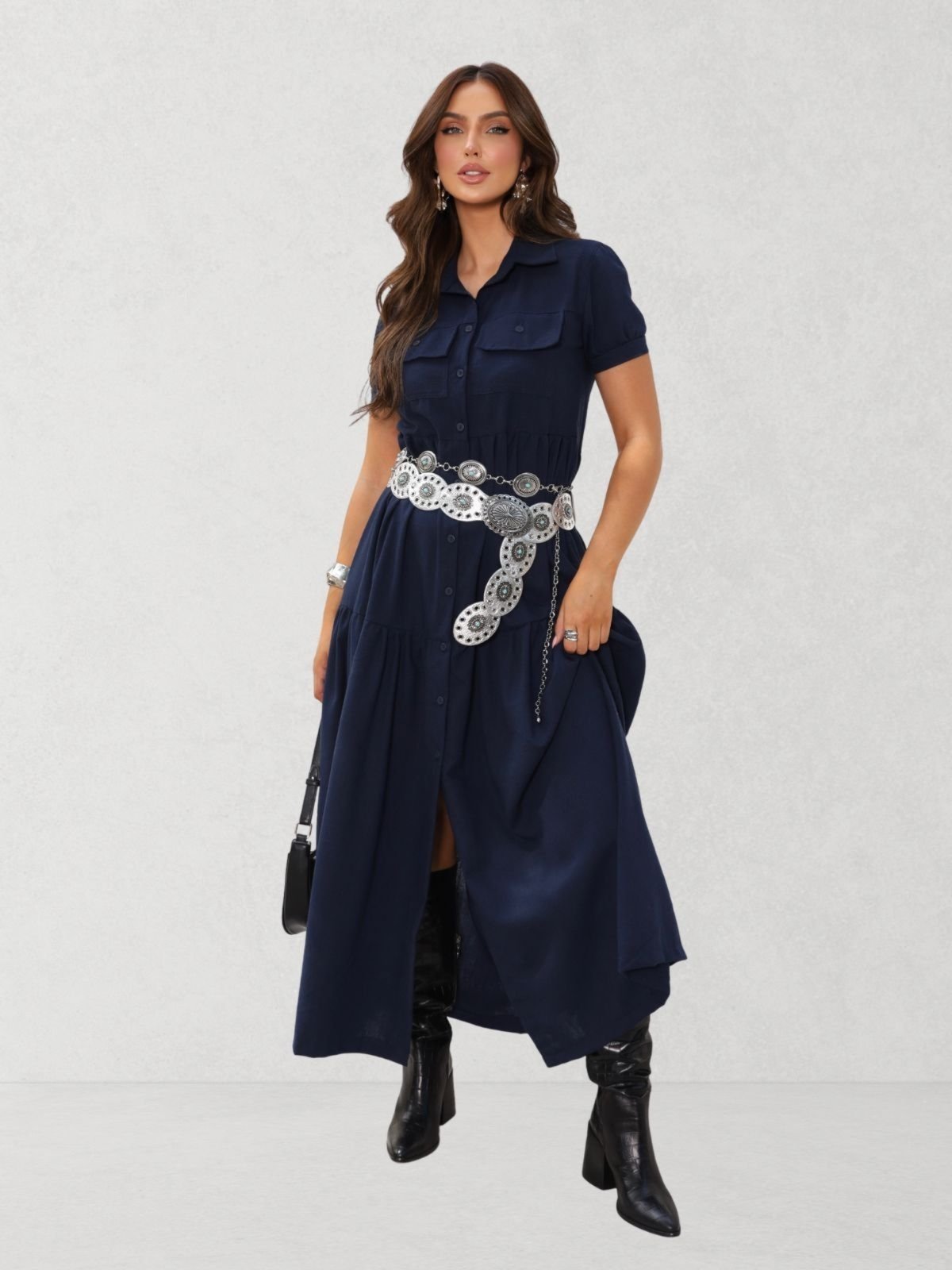 Vestido Via Lessa Cali Longo em Linho Azul Marinho
