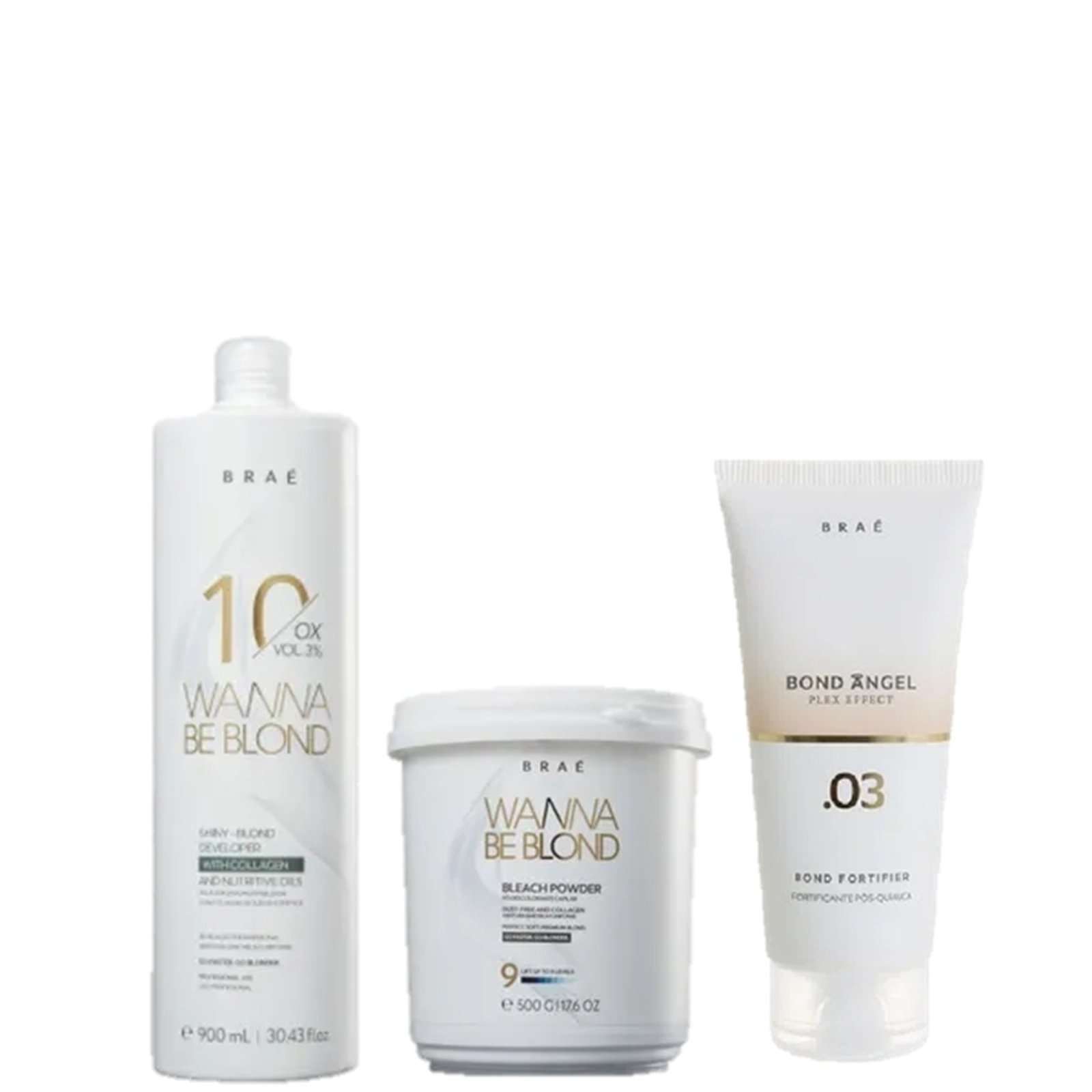 Vista 2 BRAÉ Wanna Be Blond 3% Água Oxigenada 10 Volumes 900ml Pó Descolorante 500g e Plex Efect Passo 3 100ml multicolorido BRAÉ multicolorido